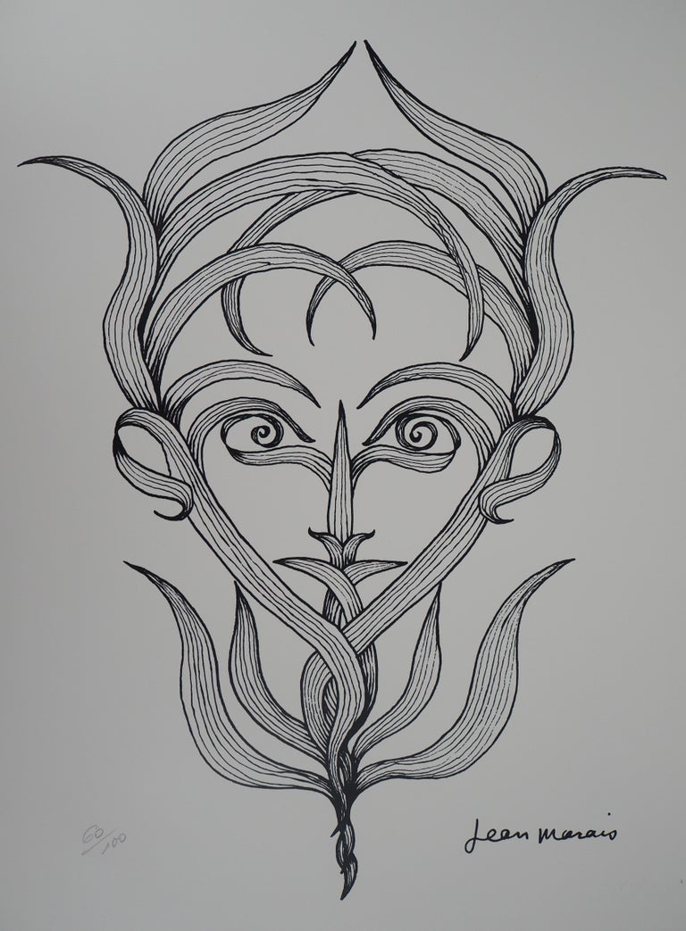 Vegetal Face - Lithograph, Ltd 100 copies - Gray Figurative Print by Jean Marais