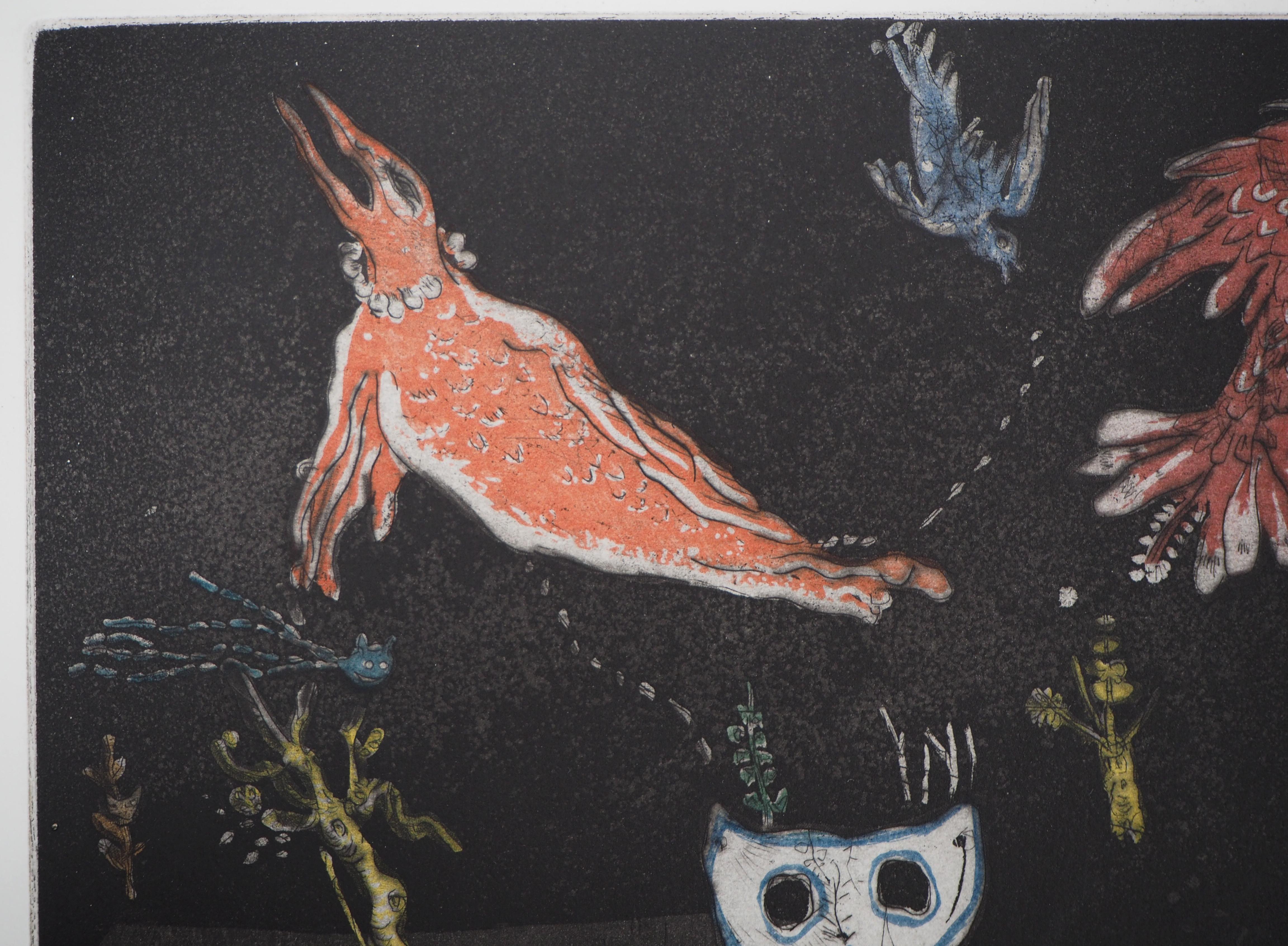 The Birds in the Night – Radierung, Ltd, 60 Exemplare (Grau), Animal Print, von Mordecai Moreh