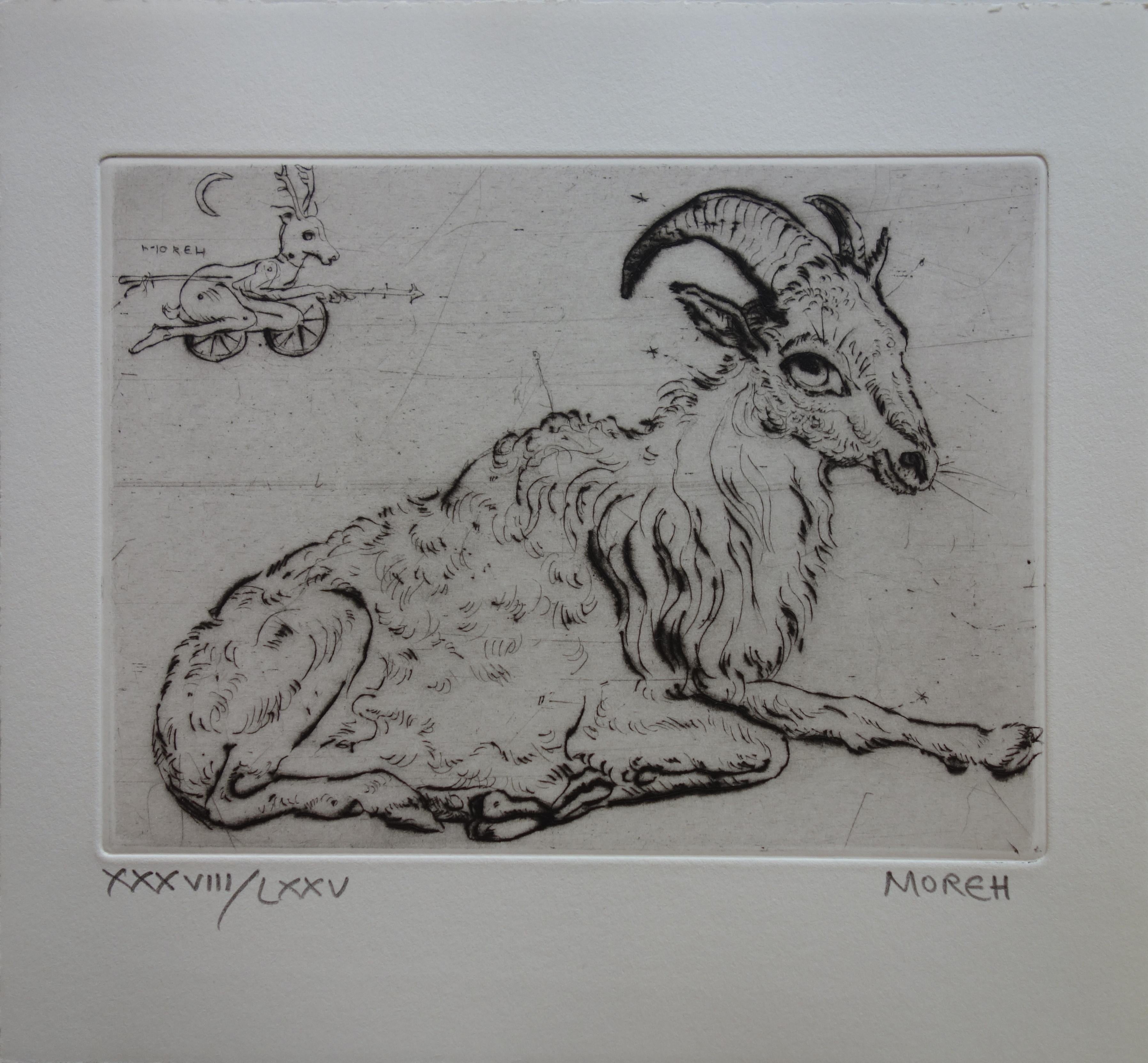 Mordecai Moreh Animal Print - Relaxing Billy Goat - Etching, Ltd 75 copies