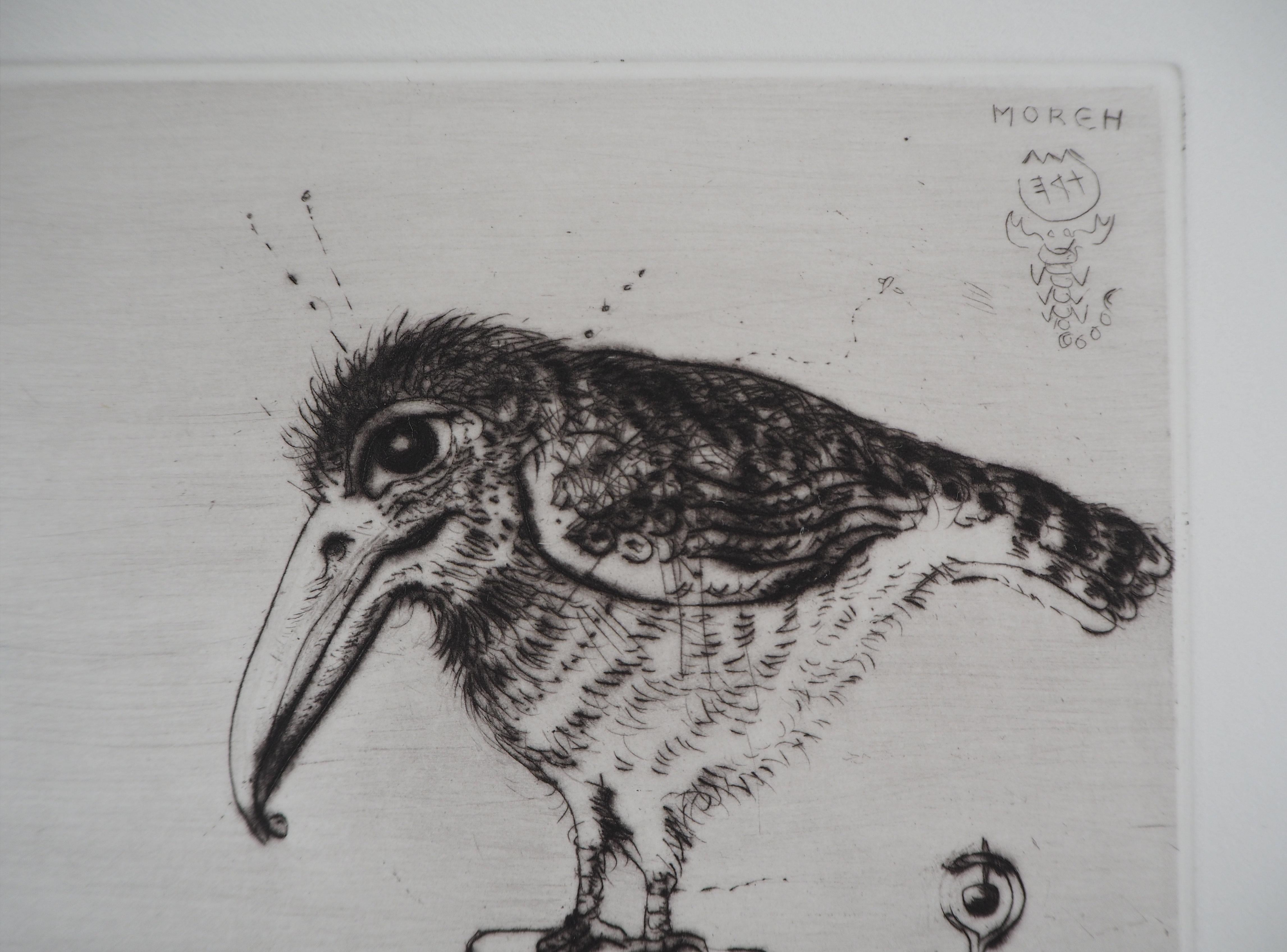 Mordecaï Moreh (1937-)
The Little Bird

Original handsigned etching 
Numbered / 75 copies - numbered in roman numerals (the number of the etching you receive might differ from the one in the photo)
On vellum BFK Rives 20.5 x 19 cm (c. 7.8 x 7.4