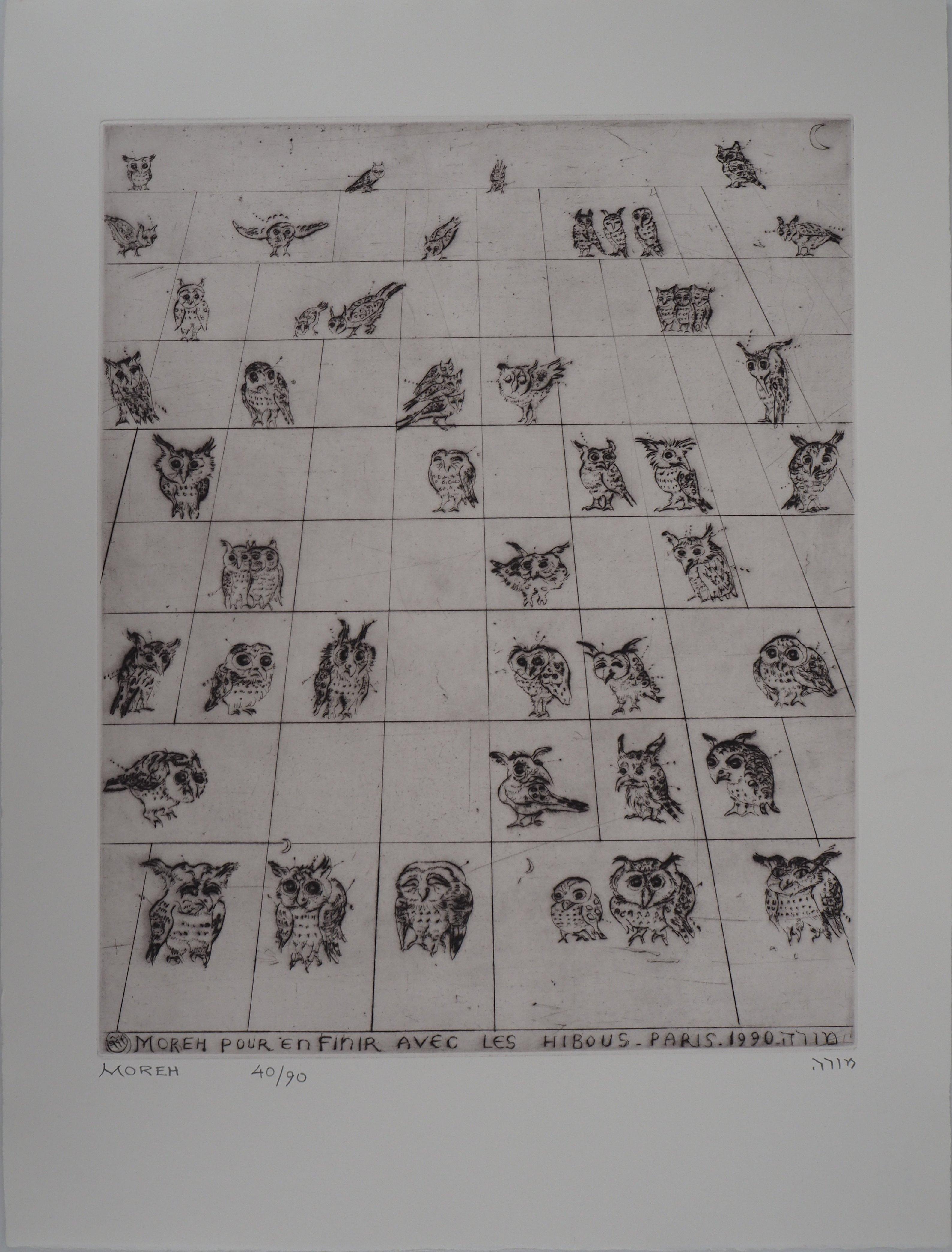 Mordecai Moreh Figurative Print -  To Finish with the Owls - Original handsigned etching, Ltd 90 copies