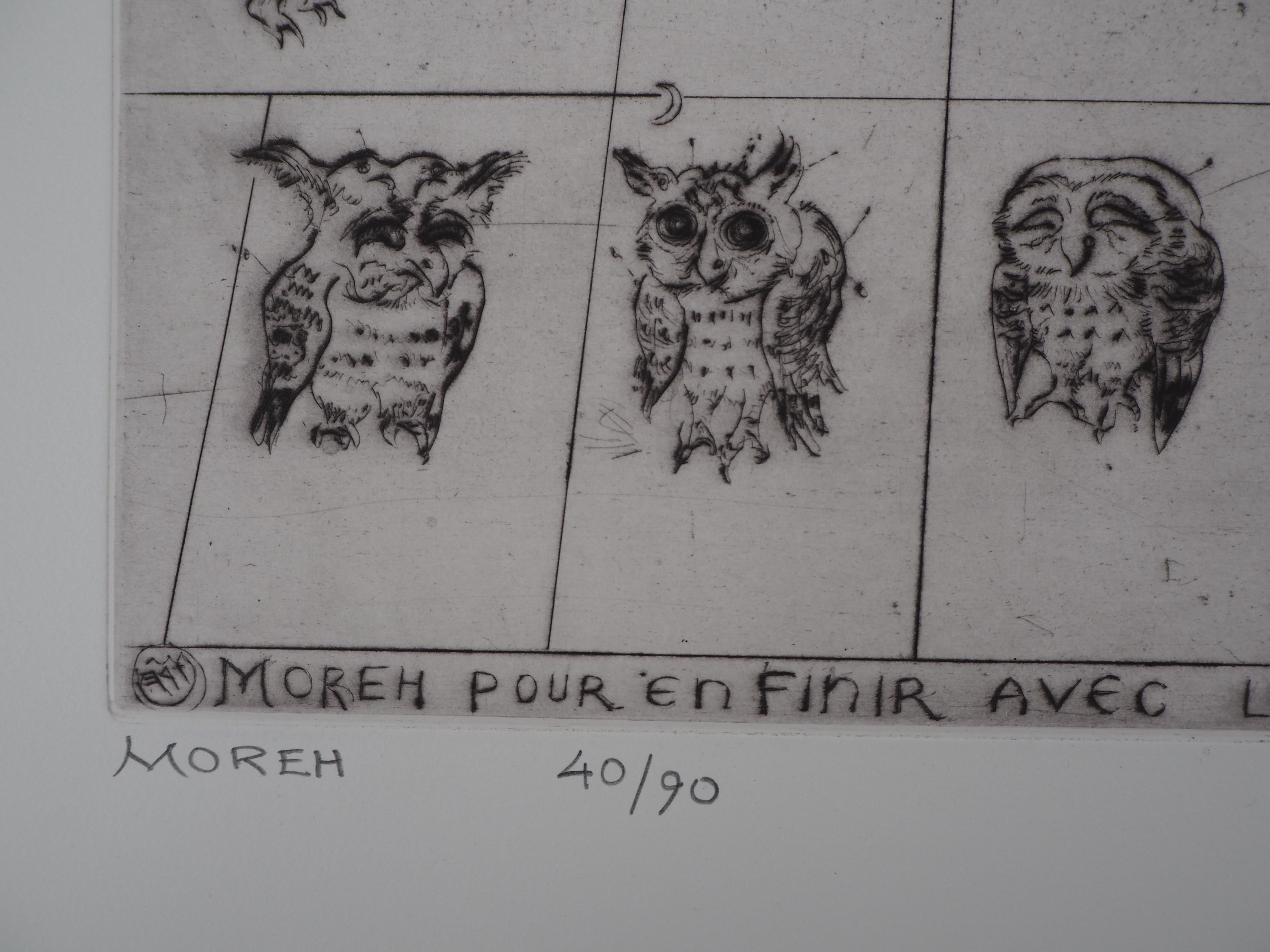  To Finish with the Owls - Original handsigned etching, Ltd 90 copies - Modern Print by Mordecai Moreh