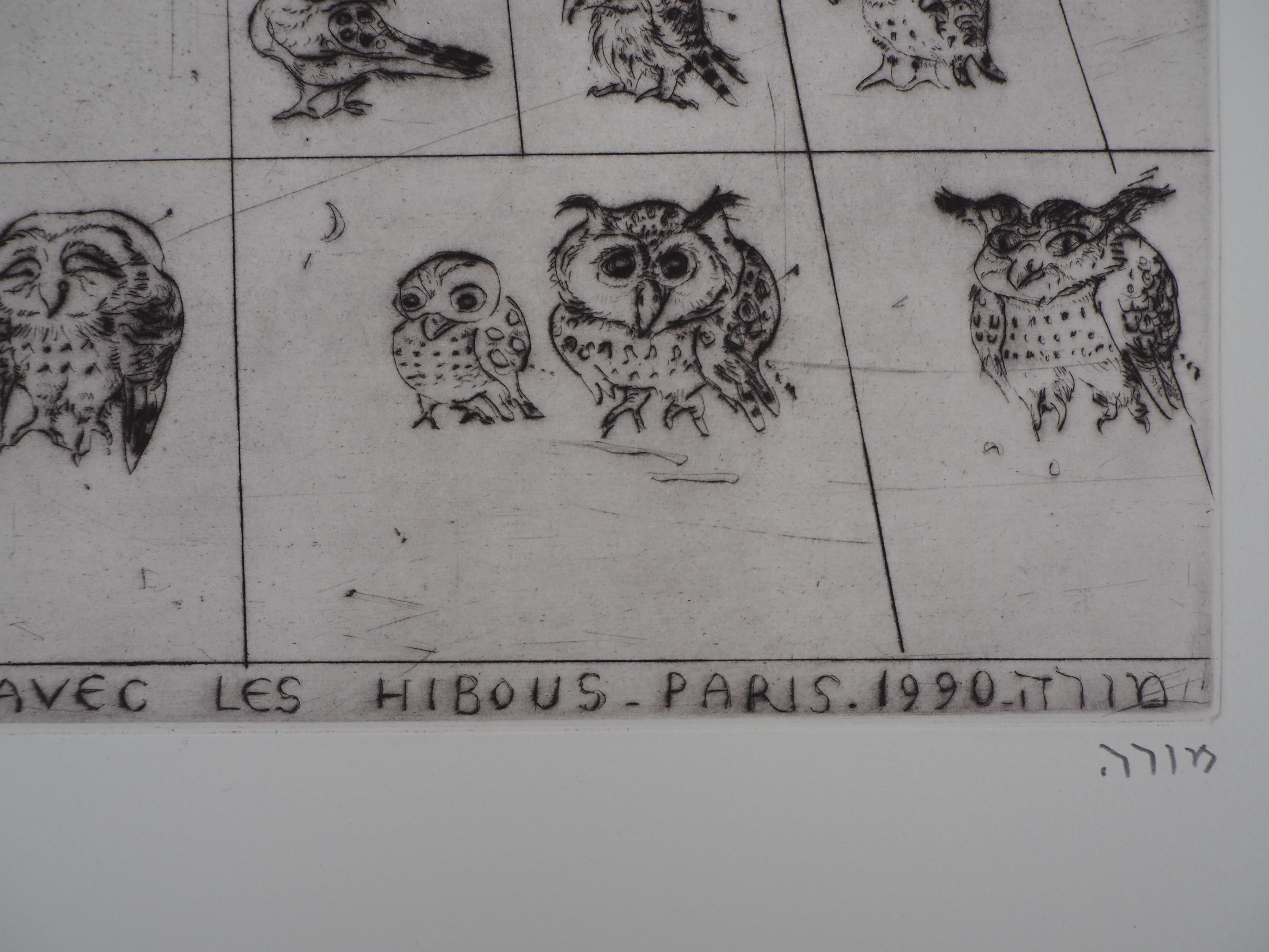  To Finish with the Owls - Original handsigned etching, Ltd 90 copies - Gray Figurative Print by Mordecai Moreh