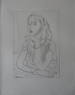 Lithographie « Woman in a Caf » (Femme dans une feuille), pierre, 1930