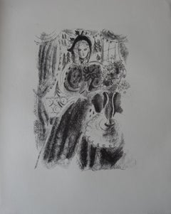 Frau mit  Ein großer Blumenstrauß – Steinlithographie, 1930