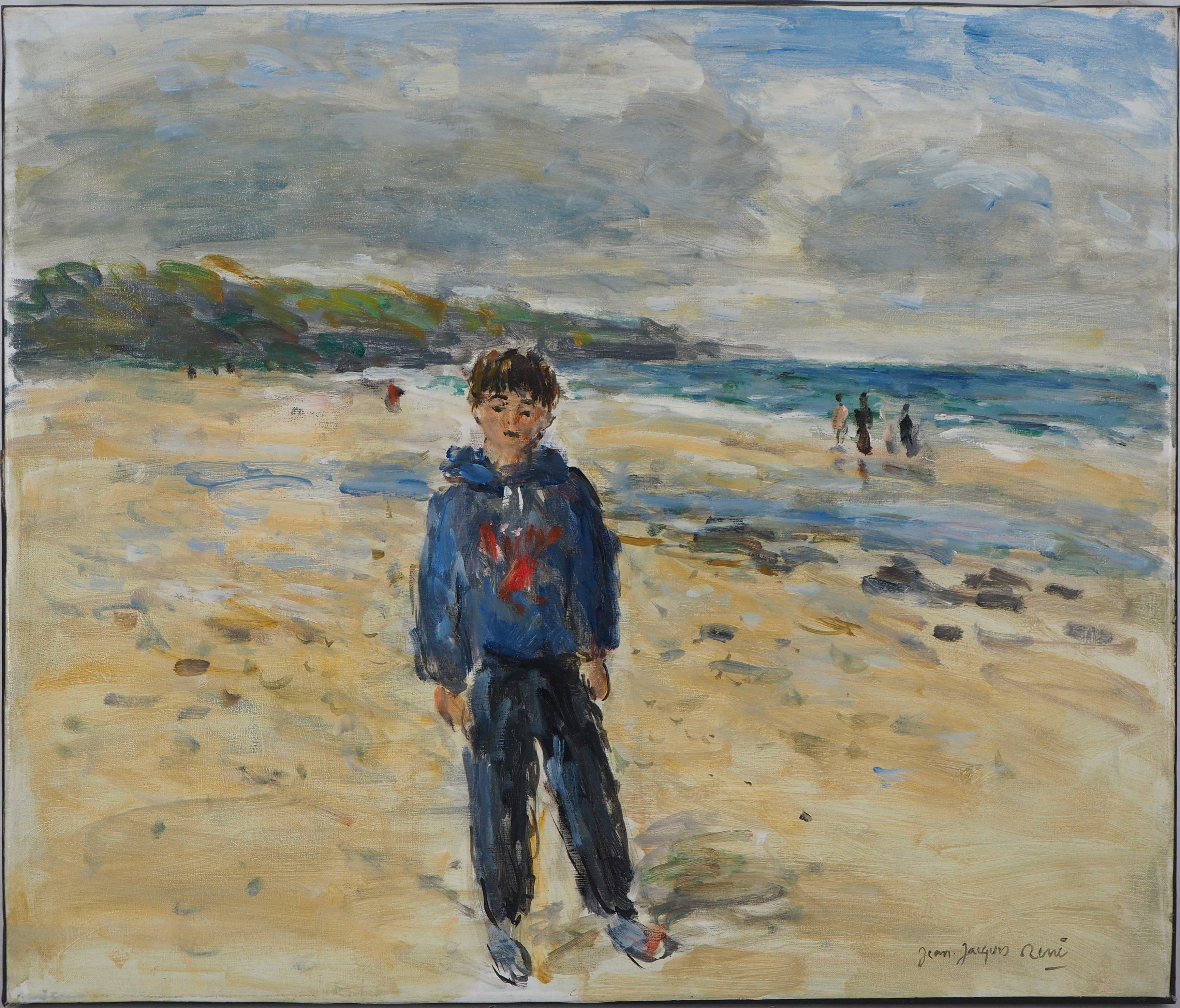 Normandy : Boy on the Beach - Huile sur toile signée - Painting de Jean Jacques Rene