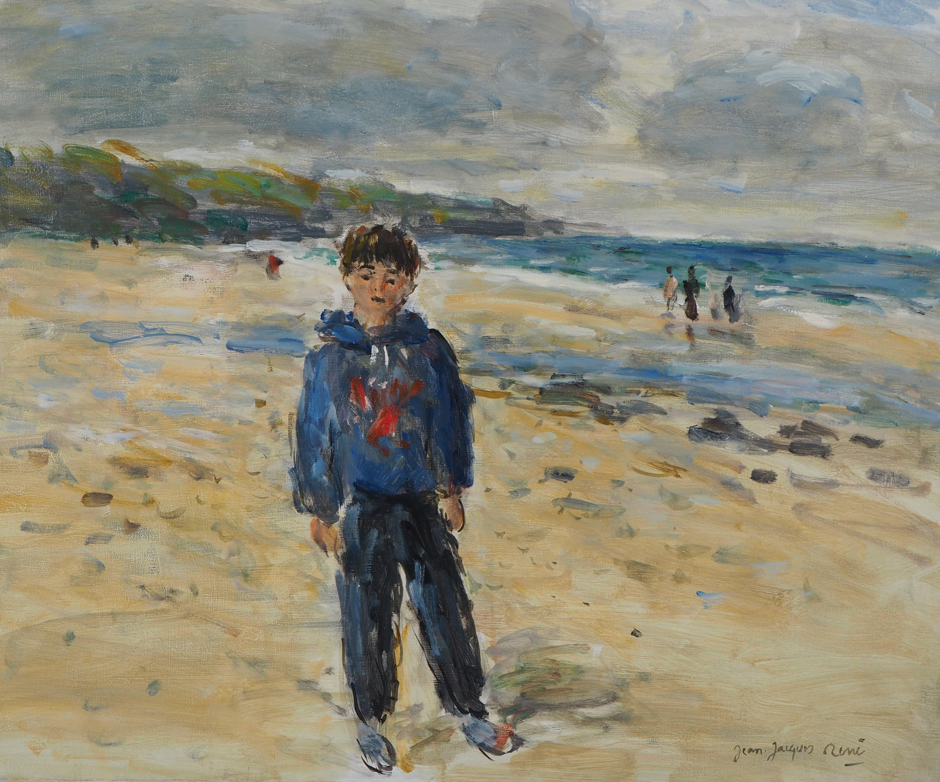 Figurative Painting Jean Jacques Rene - Normandy : Boy on the Beach - Huile sur toile signée