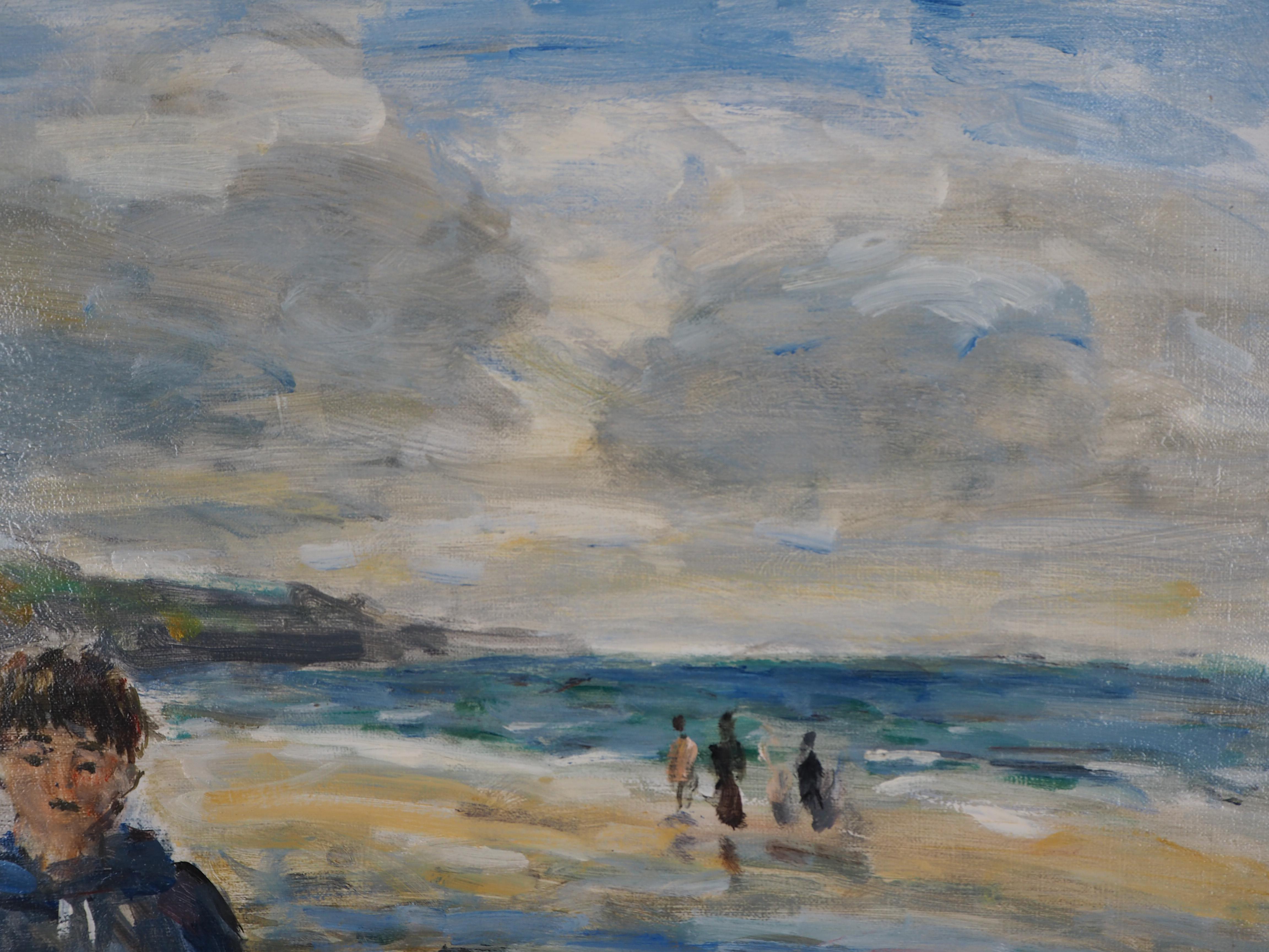 Normandy : Boy on the Beach - Huile sur toile signée en vente 1