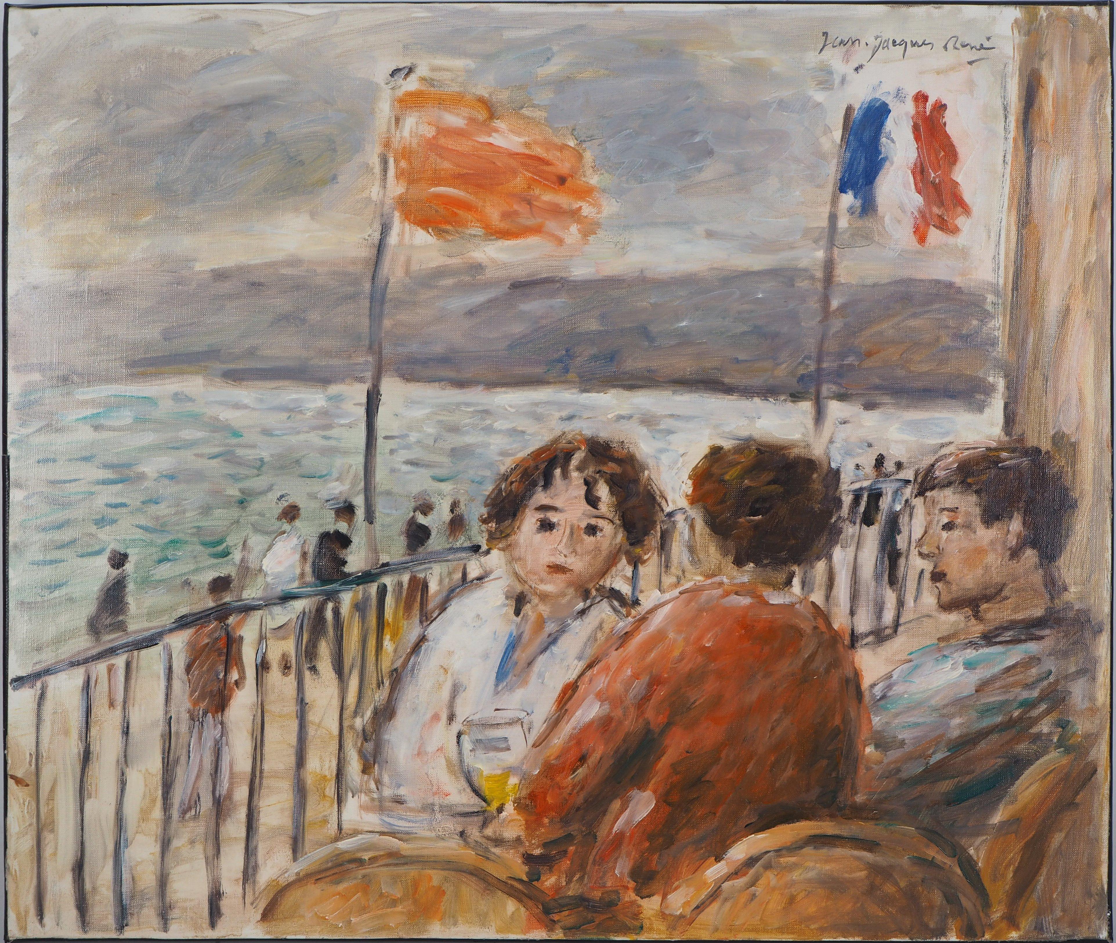 Devant la Seine - Huile sur toile, Hansigné - Painting de Jean Jacques Rene