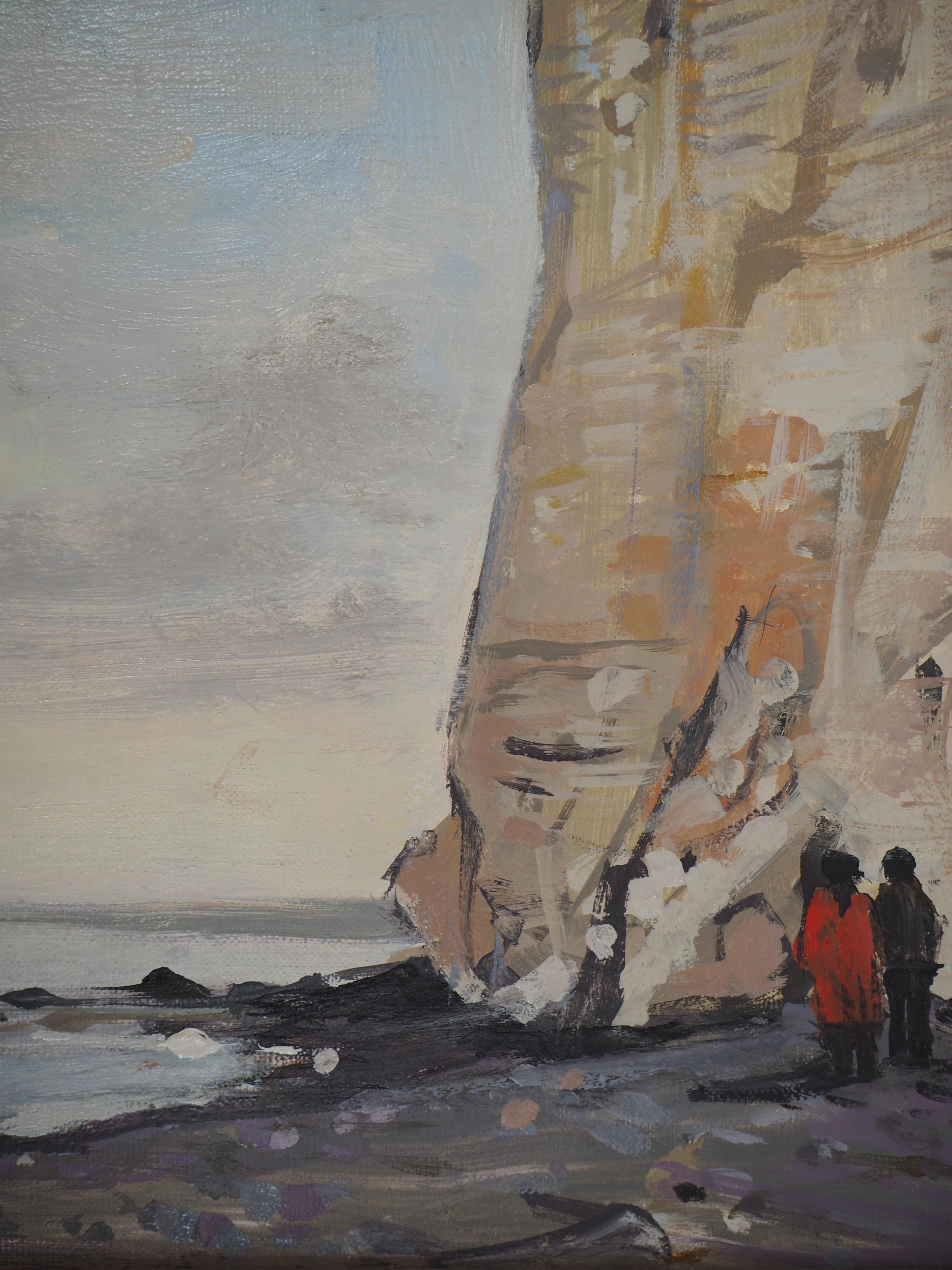 Cliffs at Etretat - Oil On Canvas, Hansigned - Gray Landscape Painting by Jean Jacques Rene