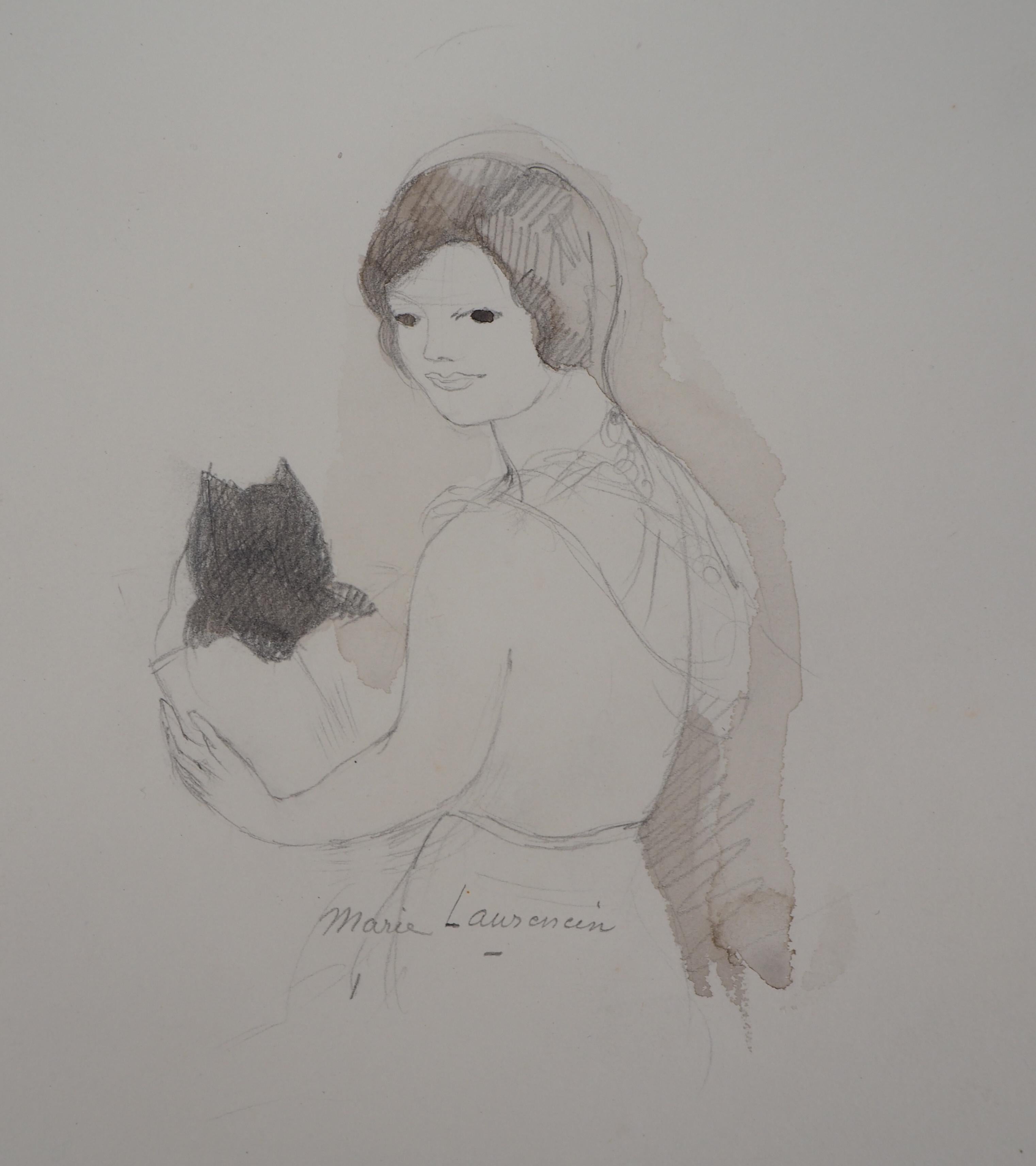 Marie Laurencin Portrait - Young Girl with Kitten - Original watercolor drawing - Handsigned