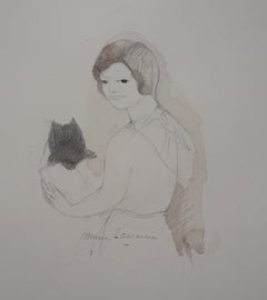 Young Girl with Kitten - Original watercolor drawing - Handsigned