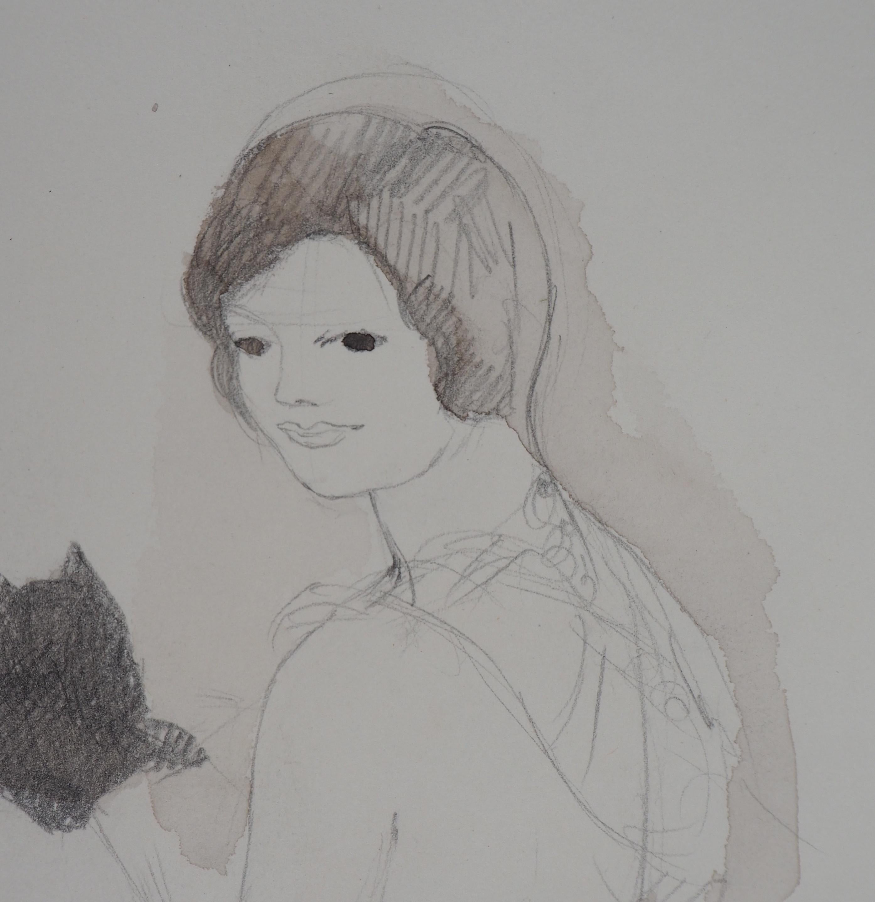 Young Girl with Kitten - Original watercolor drawing - Handsigned - Realist Art by Marie Laurencin