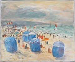 Seascape : Animated Beach in Normandy - Oil On Canvas Hansigned