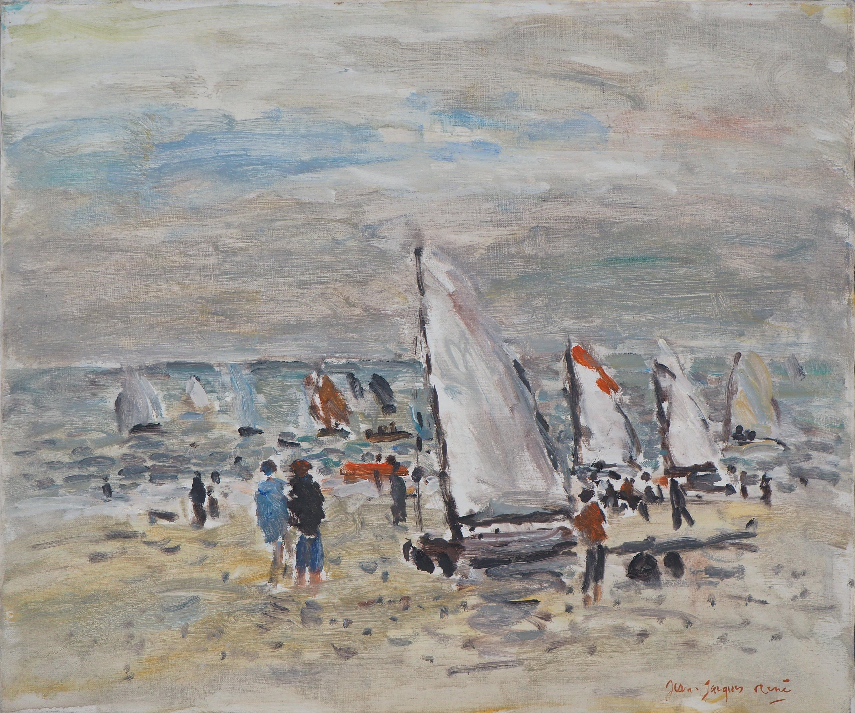 Landscape Painting Jean Jacques Rene -  Huile sur toile « The Departure of the Sailboats » signée Hansigned