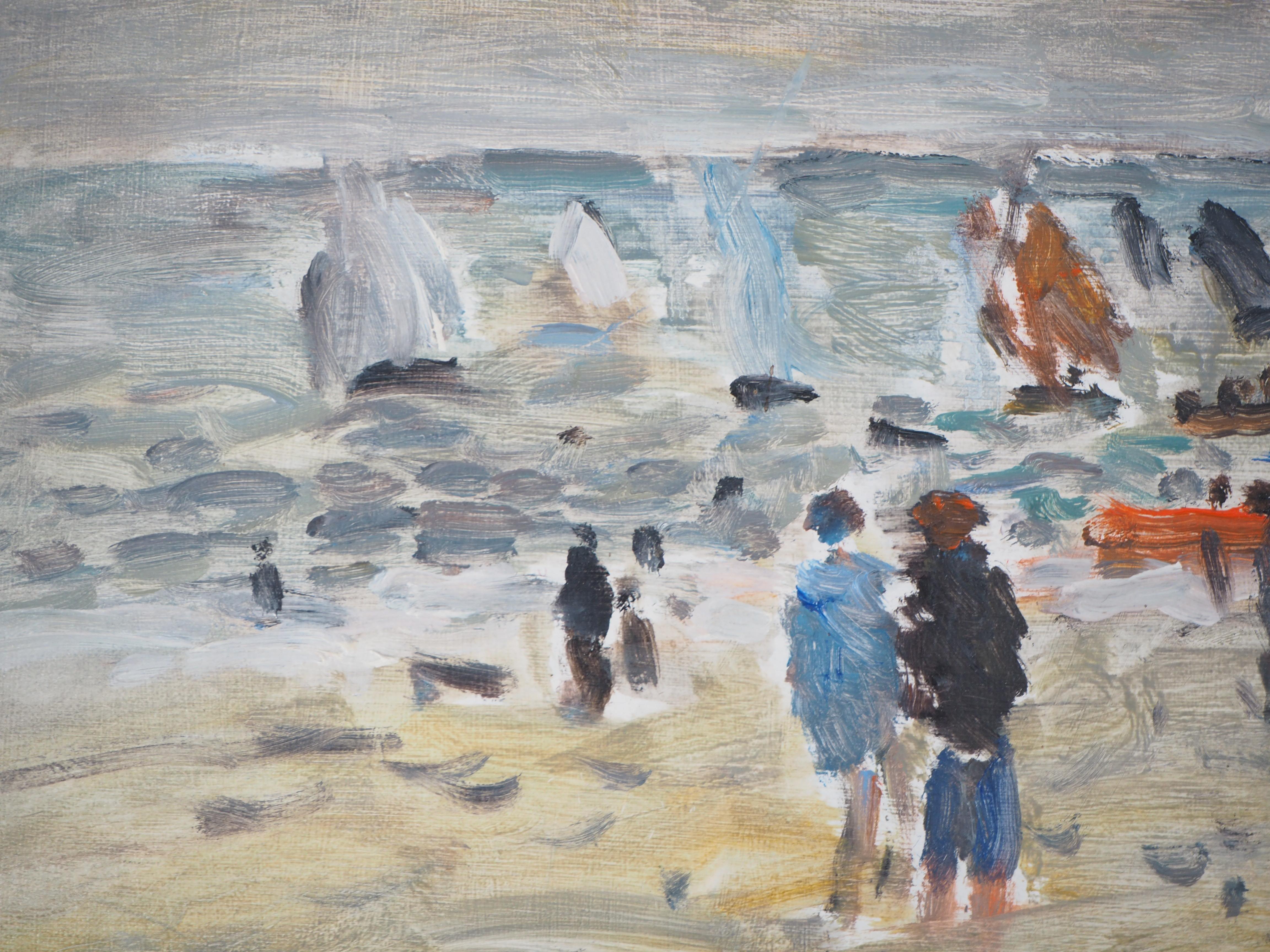  Huile sur toile « The Departure of the Sailboats » signée Hansigned - Gris Landscape Painting par Jean Jacques Rene