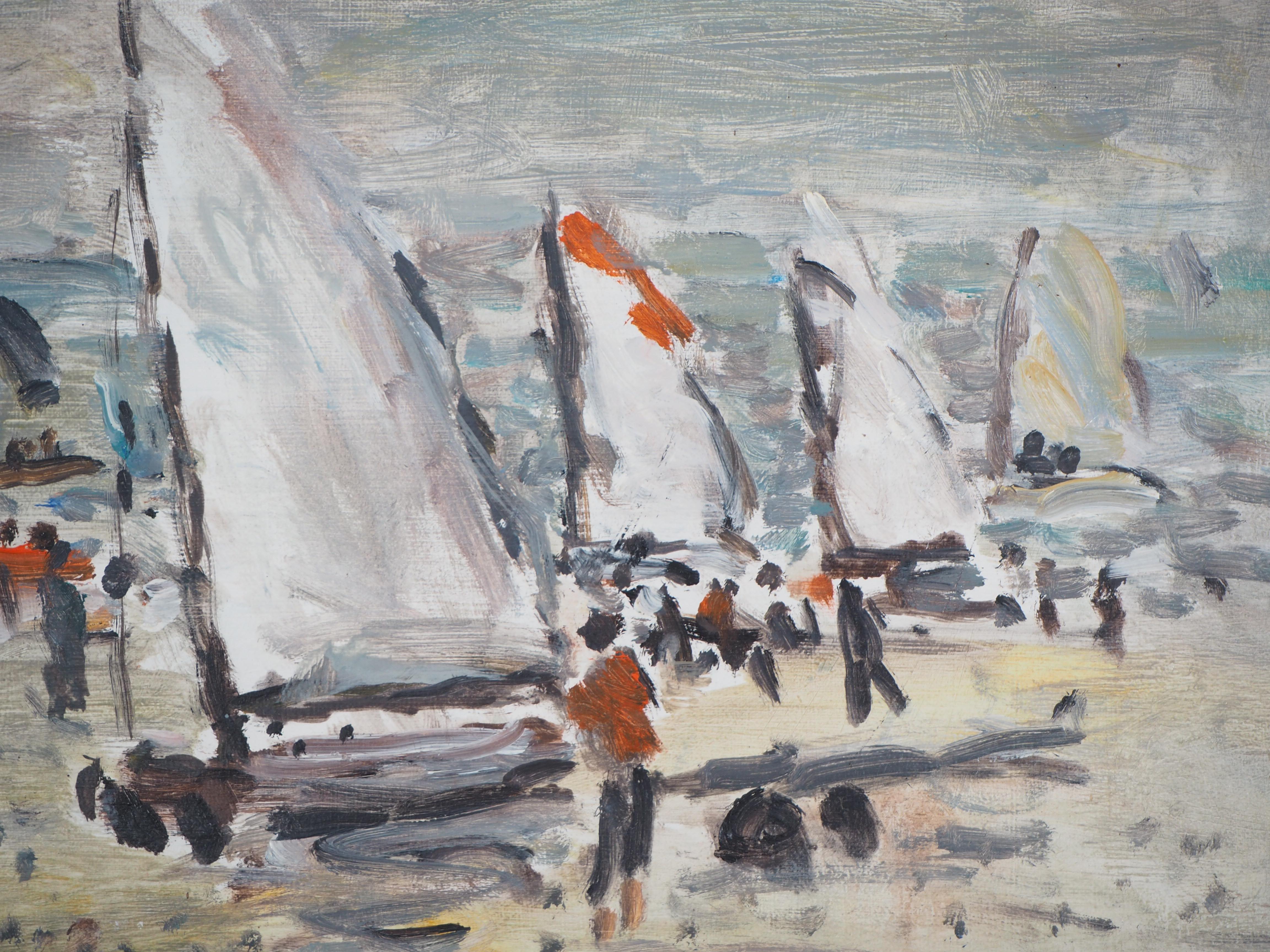  Huile sur toile « The Departure of the Sailboats » signée Hansigned - Moderne Painting par Jean Jacques Rene