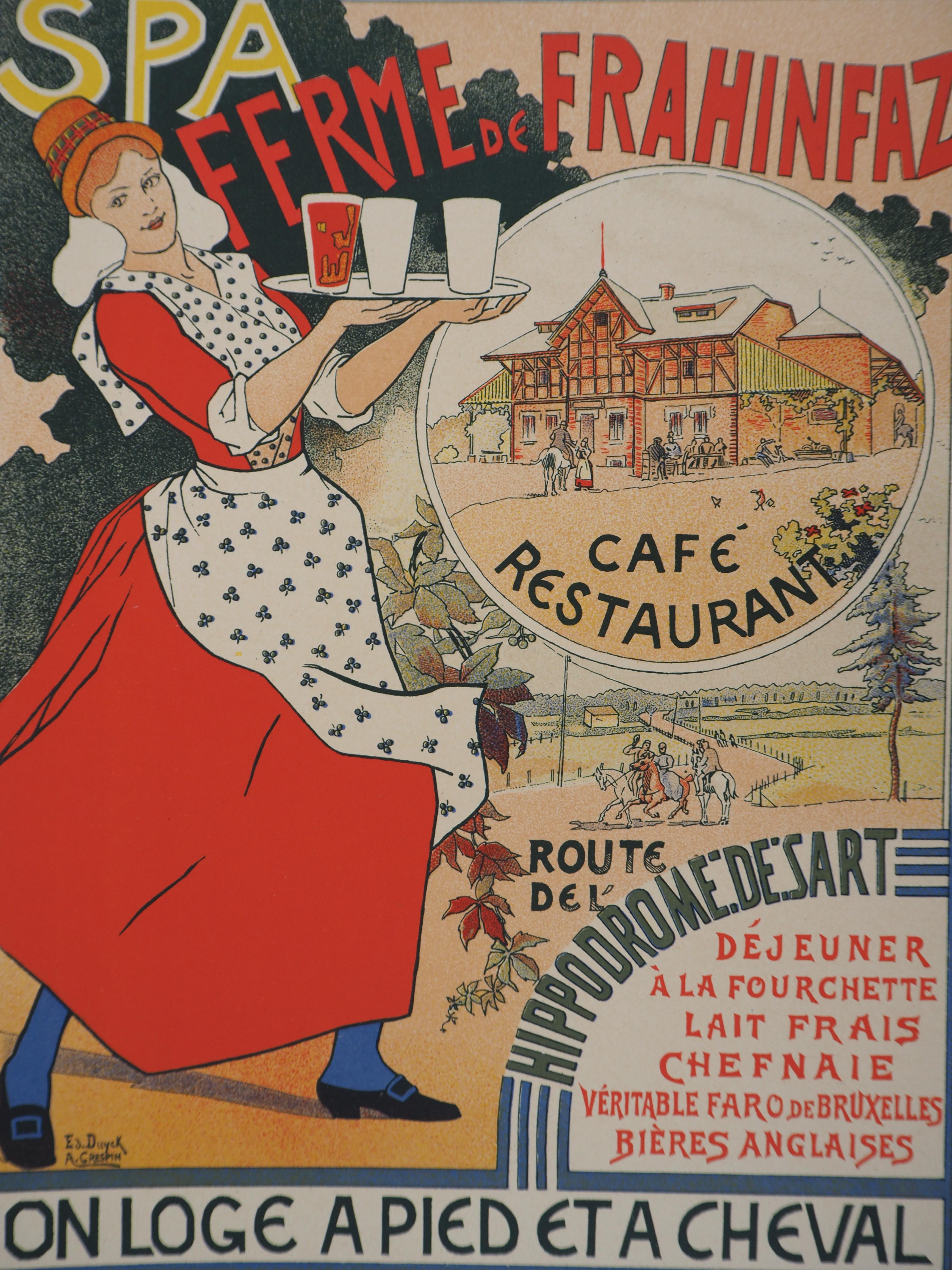 Kellnerin, die belgisches Bier bringt - Lithographie (Les Maîtres de l'Affiche), 1895 (Braun), Figurative Print, von Edouard DUYCK & Adolphe CRESPIN