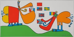 Funny Birds Eating Flags – Original handsignierter Siebdruck