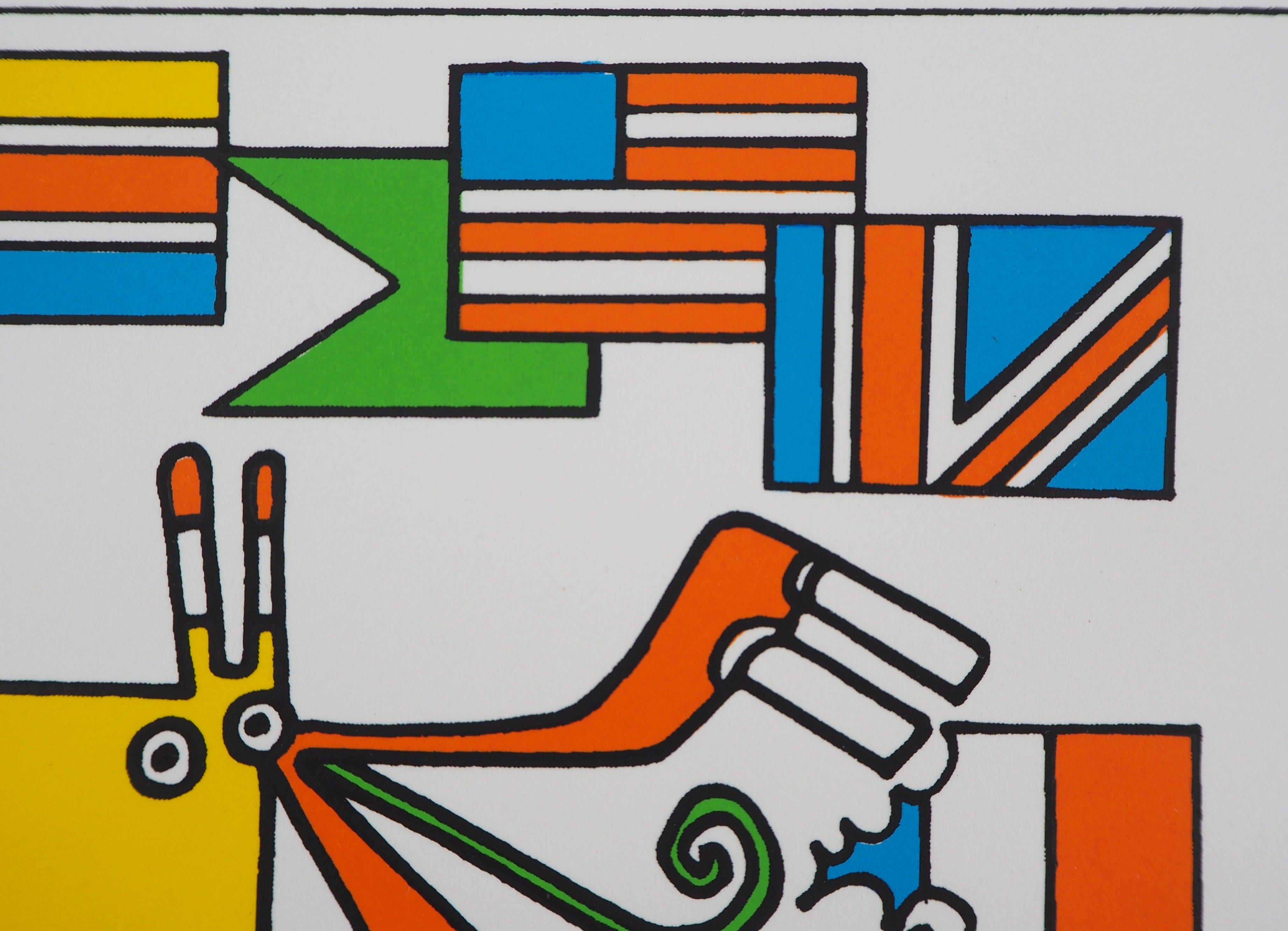 Divertente bandiera mangia uccelli (Francia, USA, Regno Unito) - Serigrafia originale firmata a mano in vendita 1