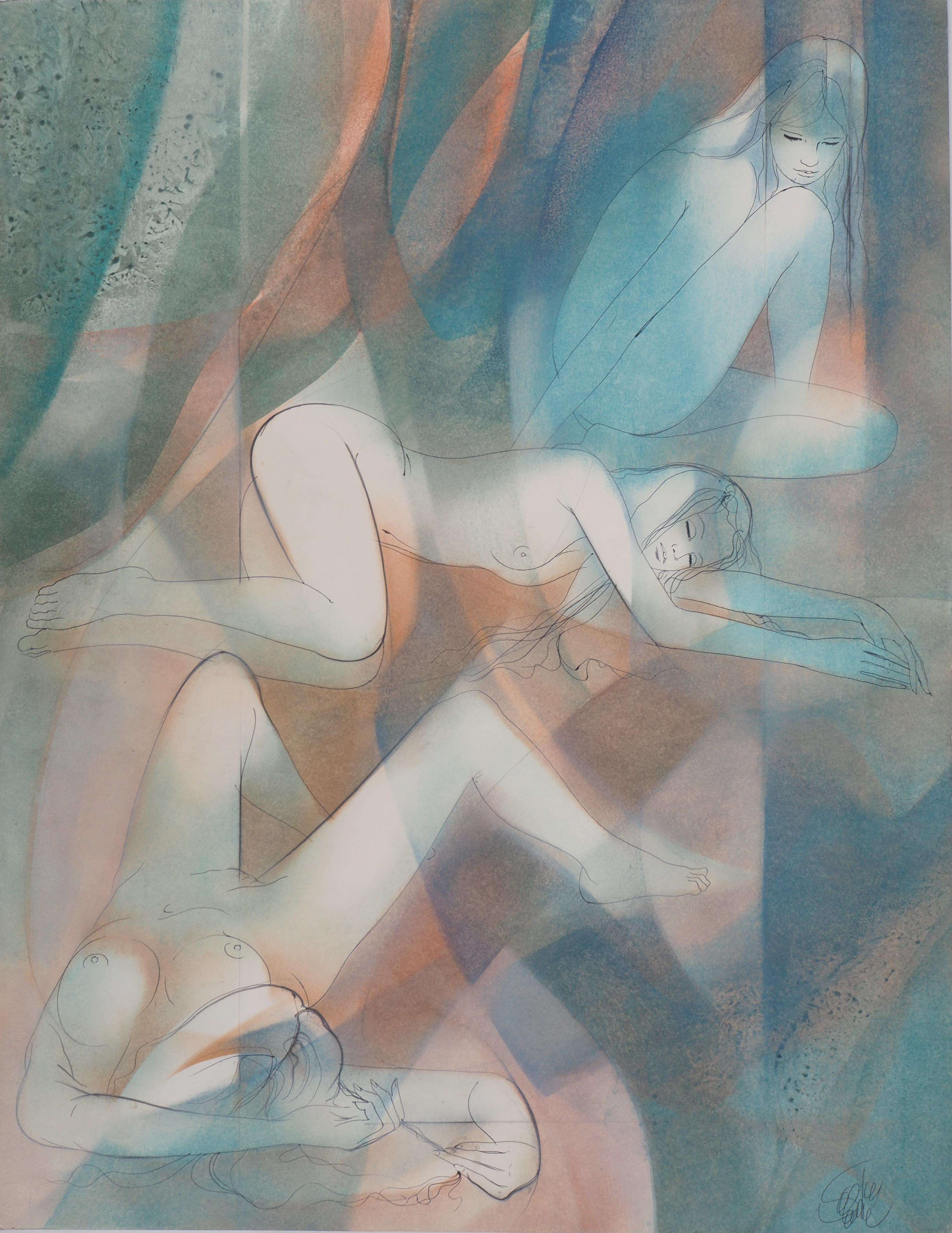 Jean-Baptiste Valadie Nude - Three Ways to a Sensual Resting - Original watercolor, Handsigned