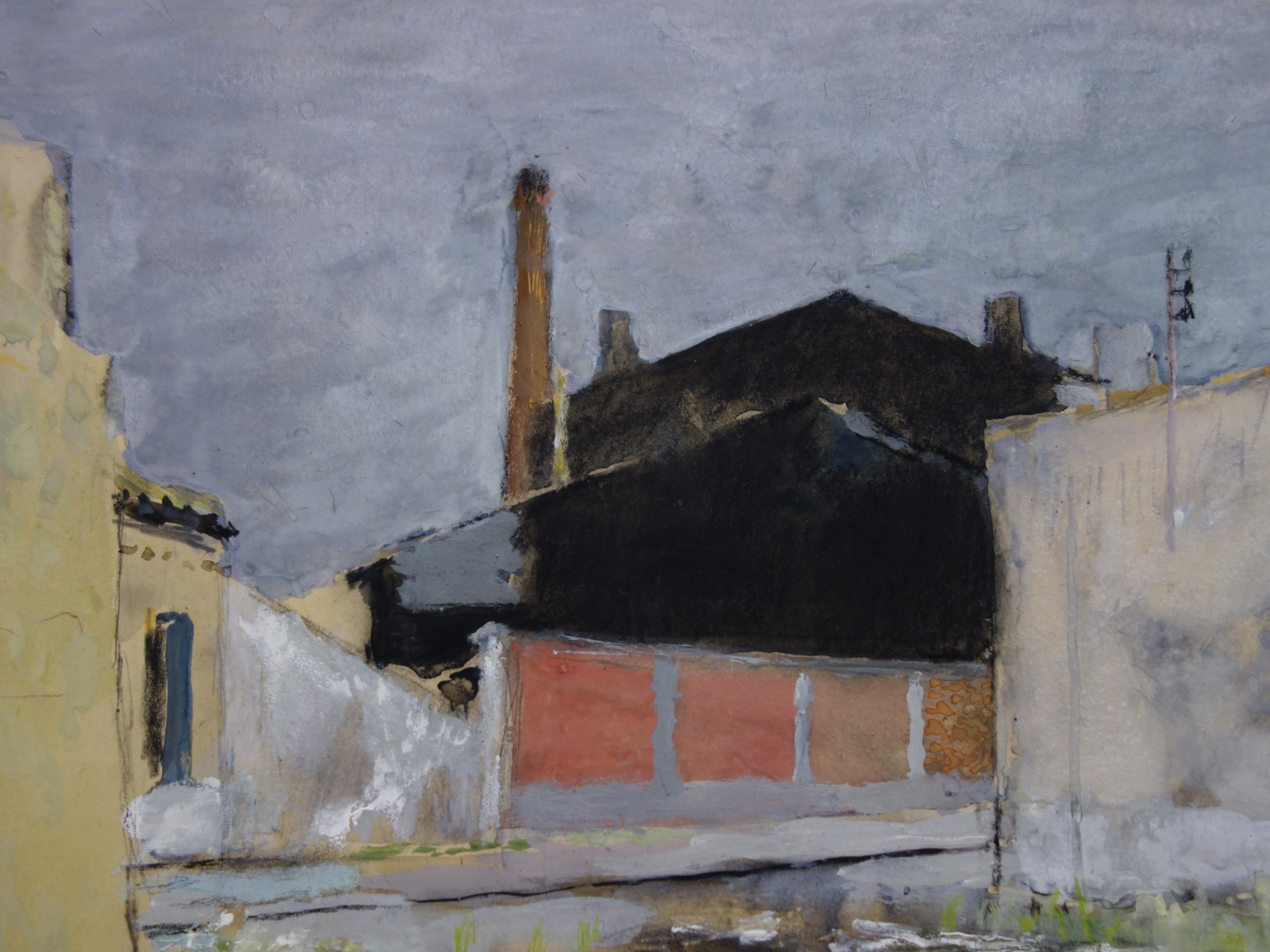 Near Bordeaux : The Old Industry, A Pink Wall - Original hansigned watercolor - Modern Art by René Genis