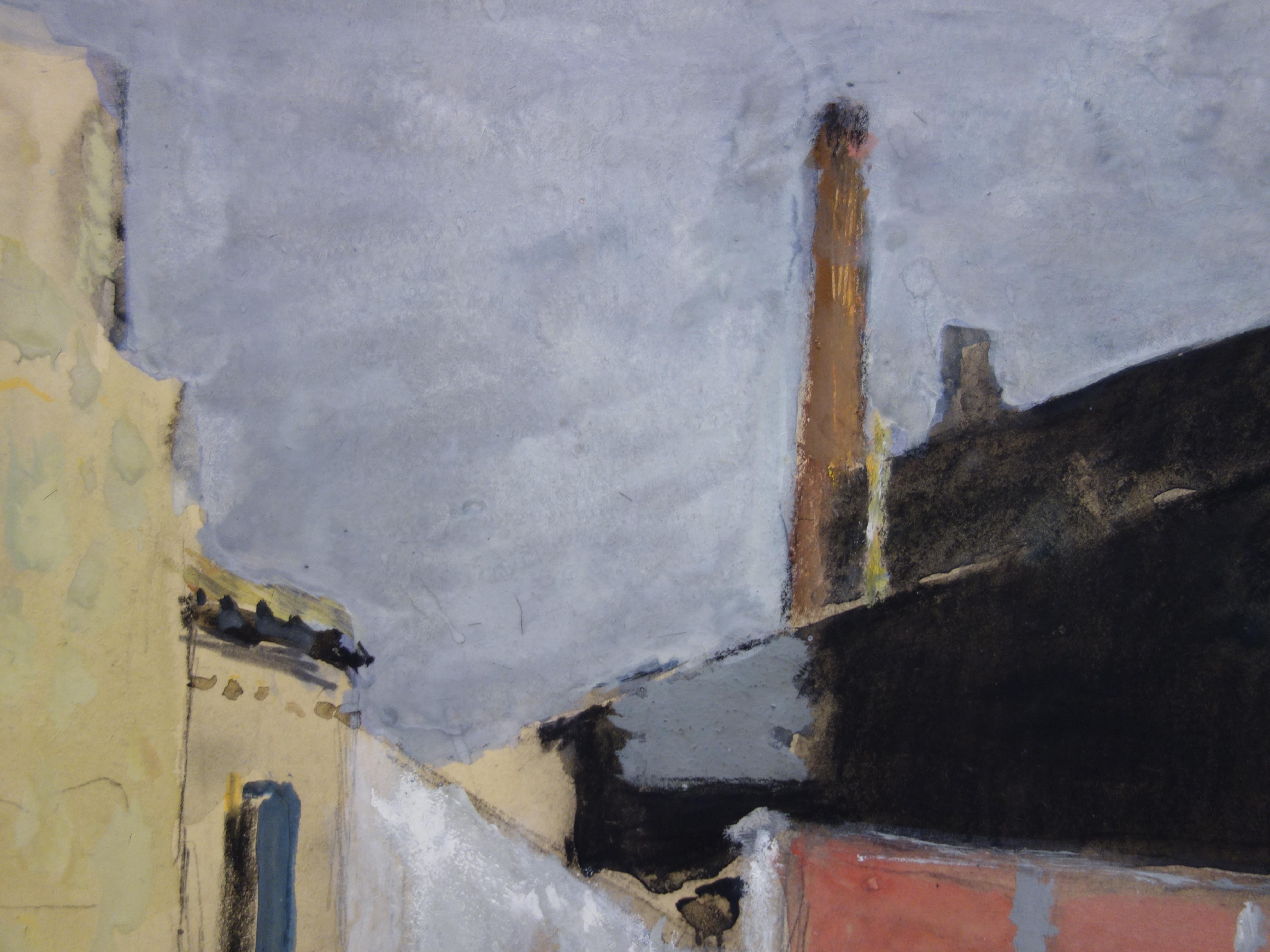 Near Bordeaux : The Old Industry, A Pink Wall - Original hansigned watercolor - Gray Landscape Art by René Genis