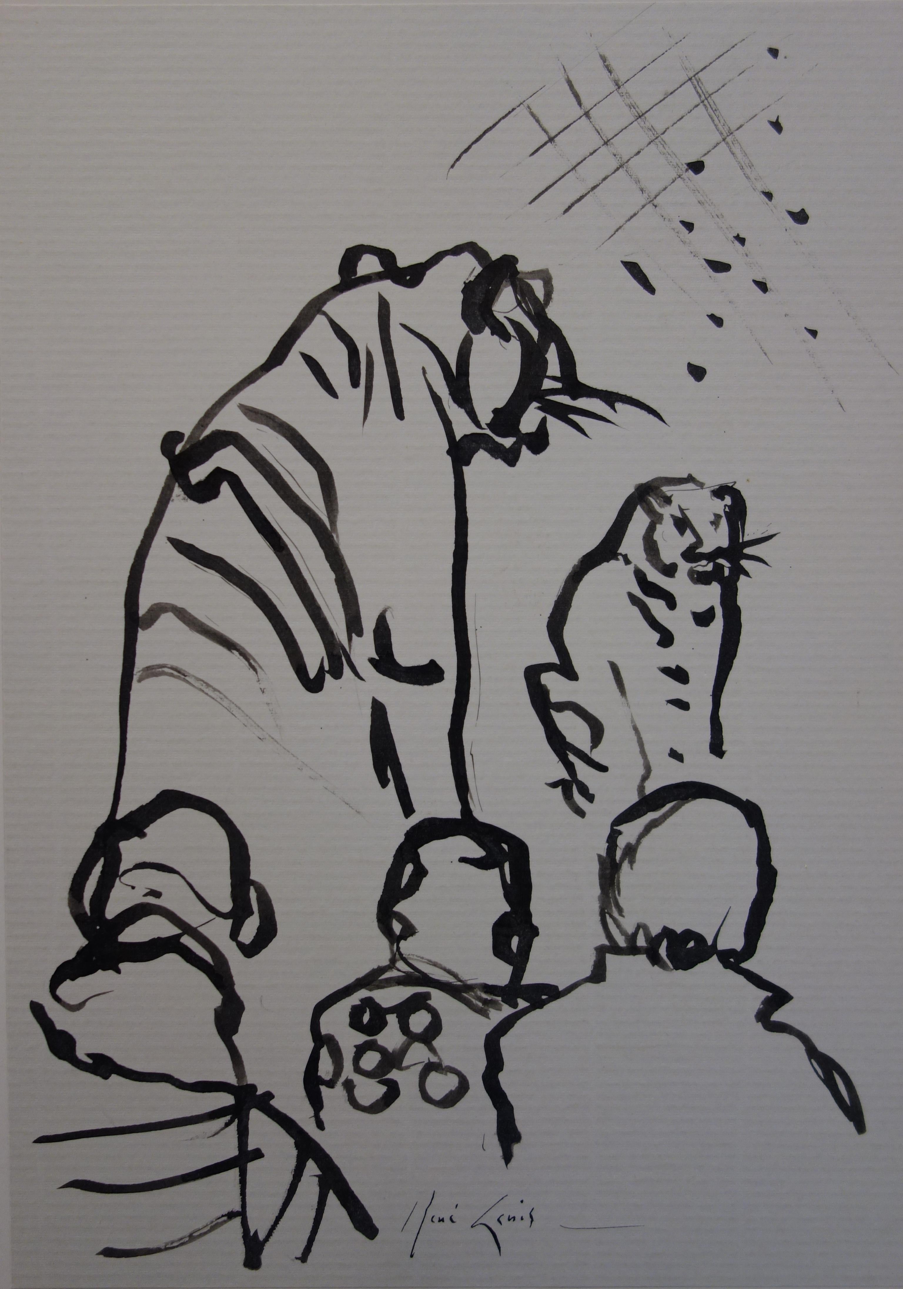 René Genis Nude - Two Tigers at Circus - Original hansigned ink drawing