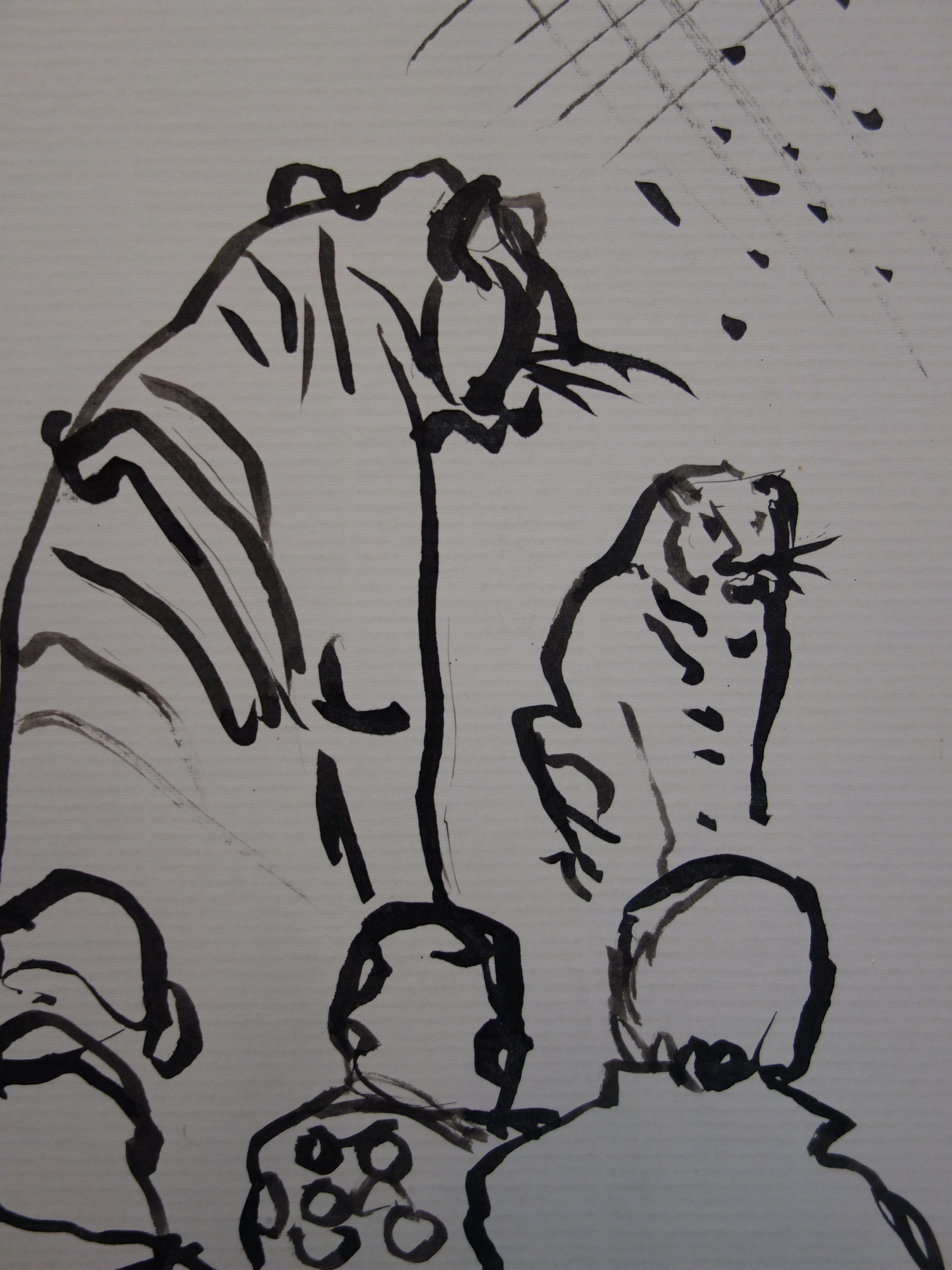 Two Tigers at Circus - Original hansigned ink drawing - Modern Art by René Genis