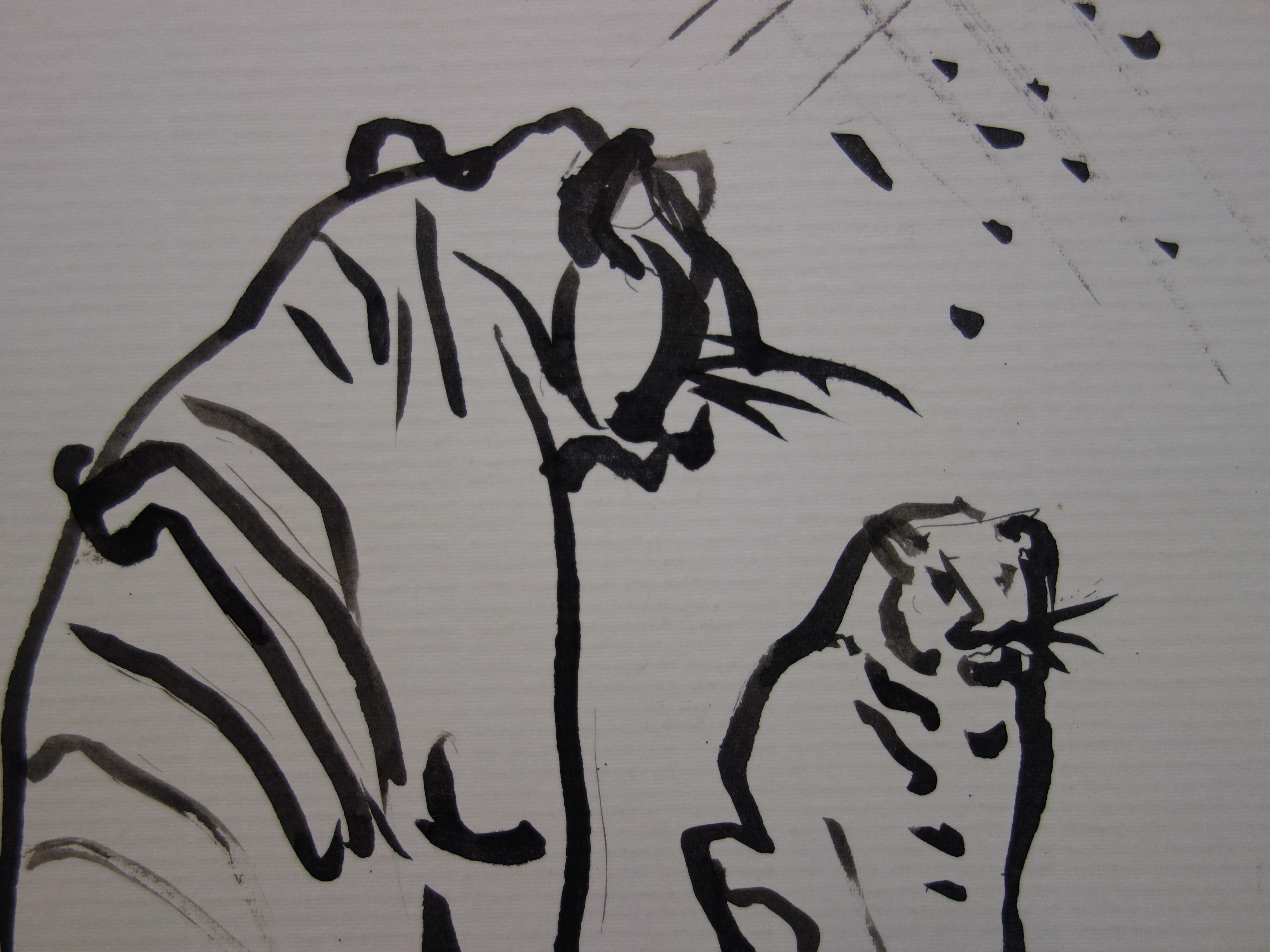 Two Tigers at Circus - Original hansigned ink drawing - Gray Nude by René Genis