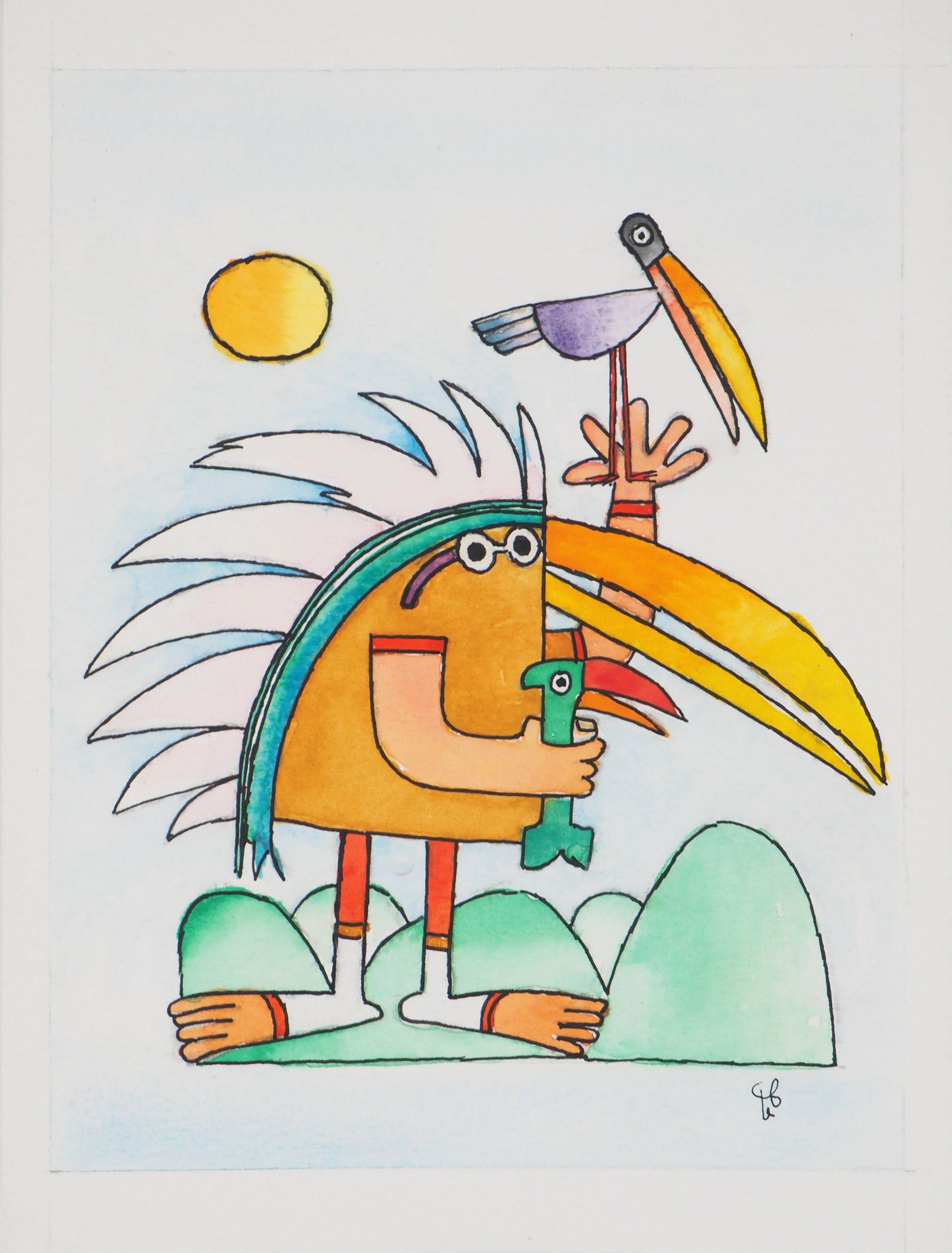 Charles Le Bars Animal Art - Bird with Native American Indian Costume - Original watercolor, Handsigned