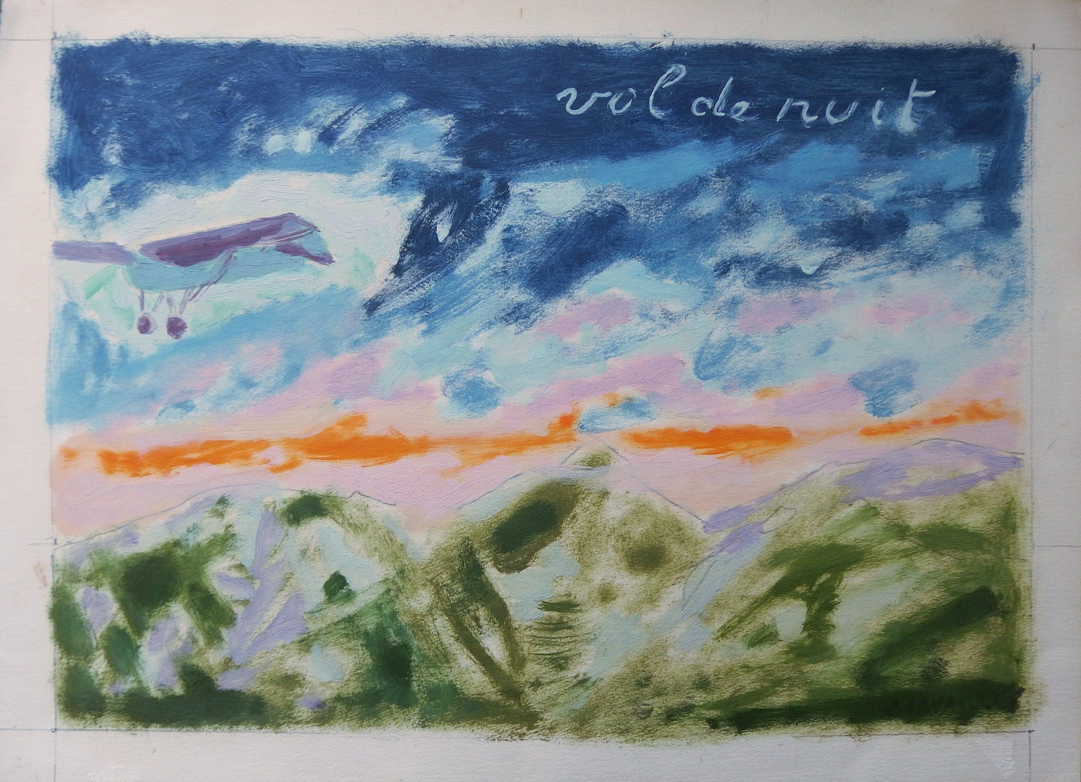 Jules Cavailles Landscape Art - Saint Exupery : Flight at the Sunshine - Original painting, Handsigned