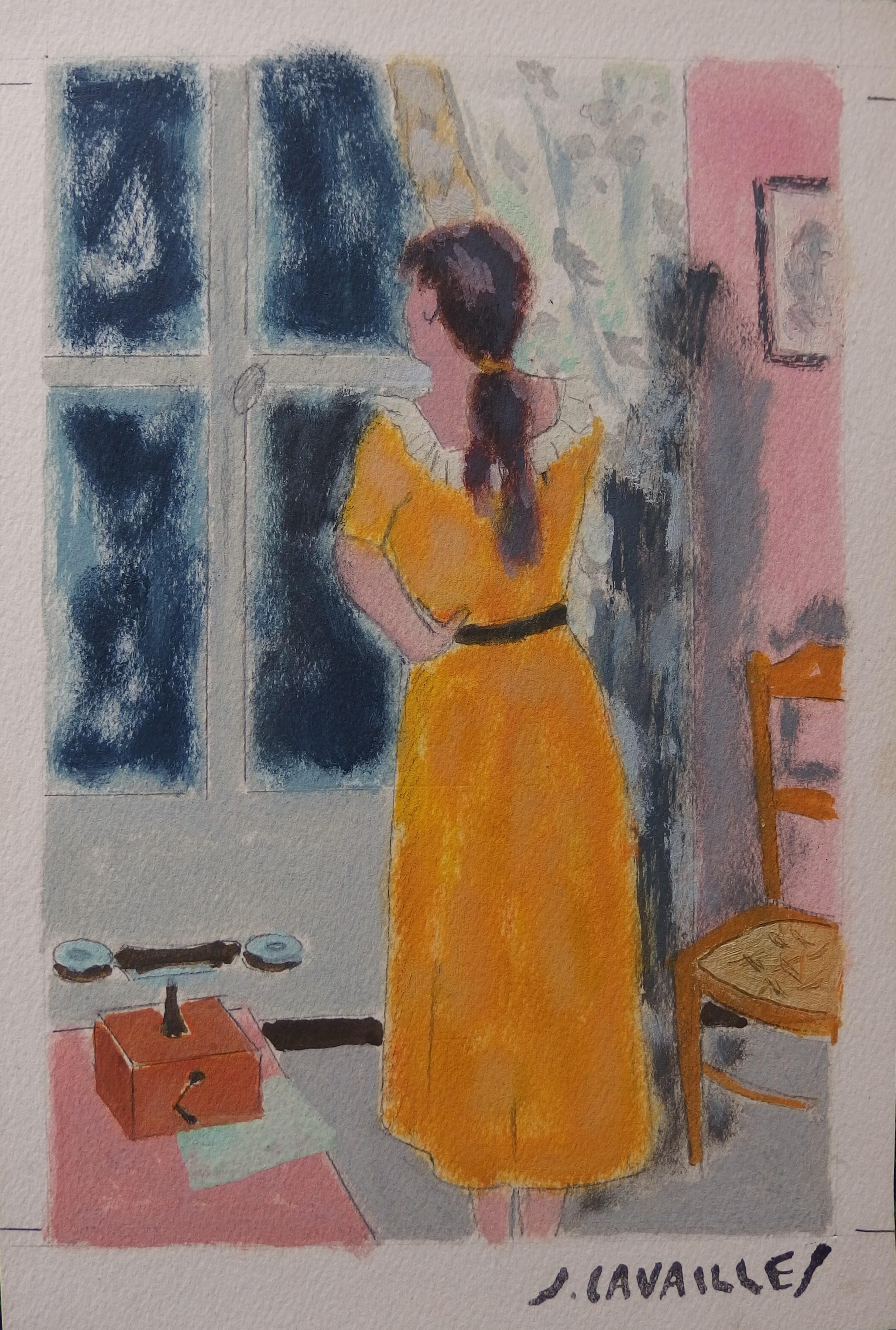 Jules Cavailles Interior Art - Woman Looking at the Window - Original painting, Handsigned