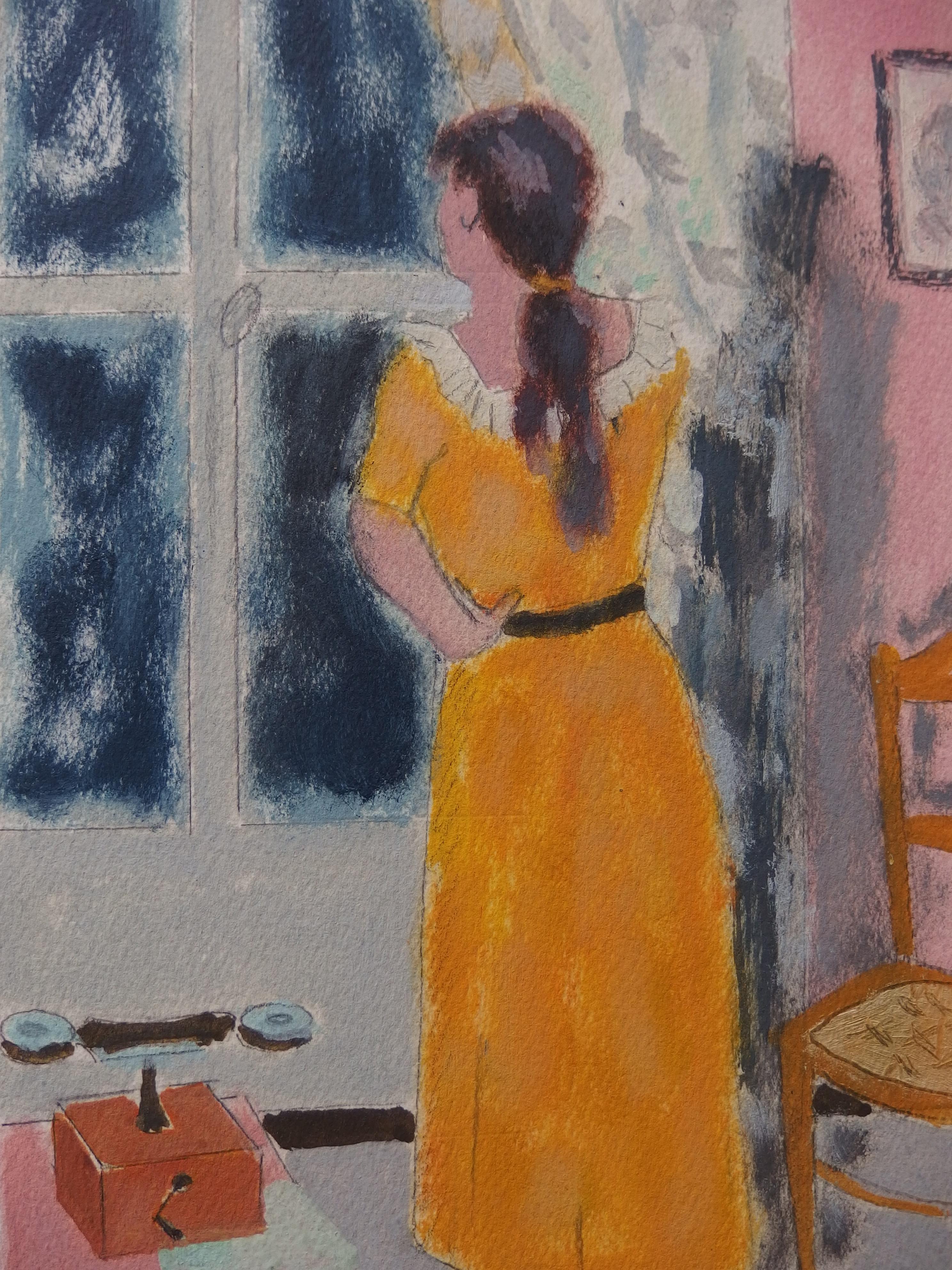 Femme regardant la fenêtre - Peinture originale, signée à la main - Art de Jules Cavailles