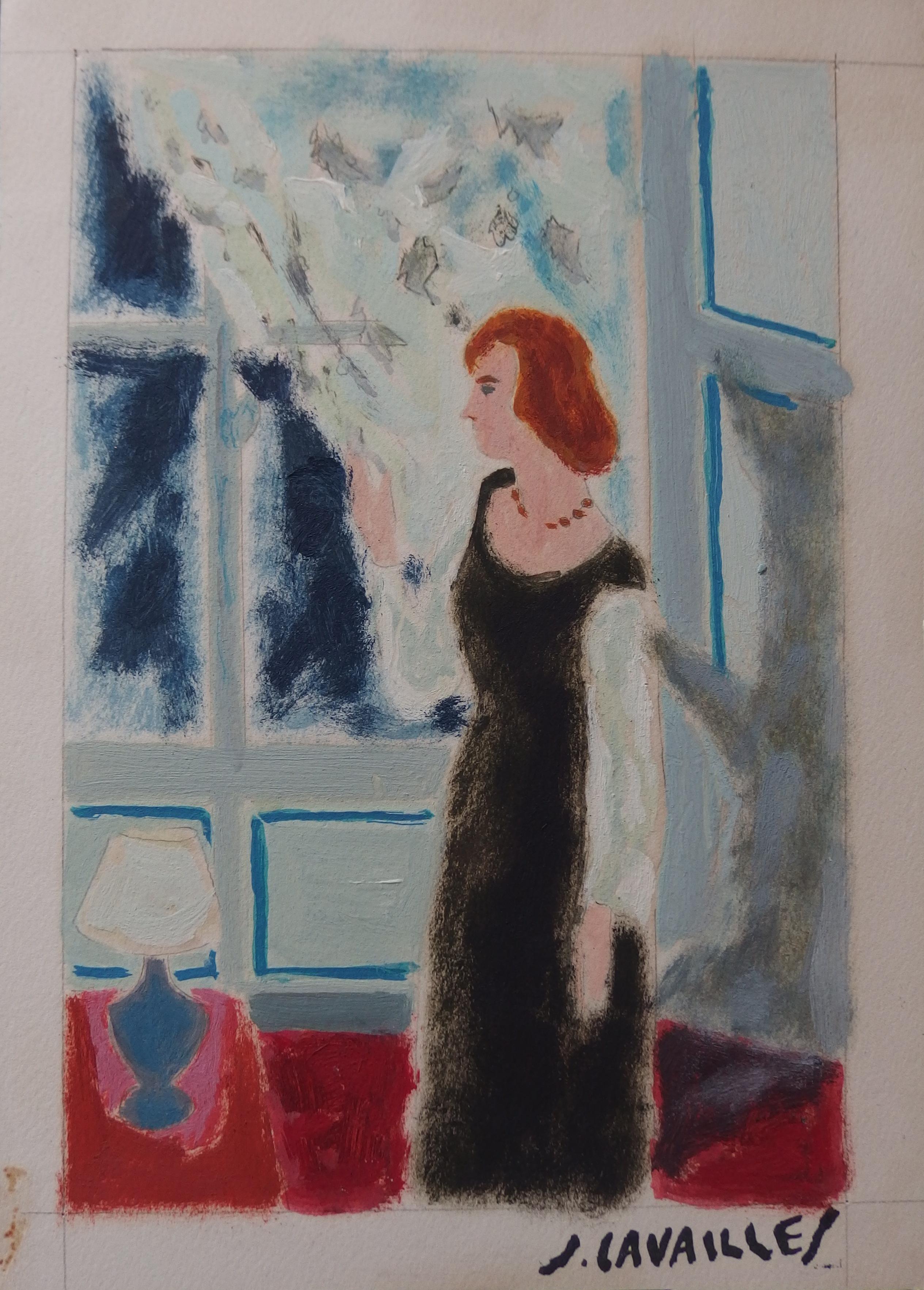 Interior Art Jules Cavailles - Femme en attente - Peinture originale, signée à la main