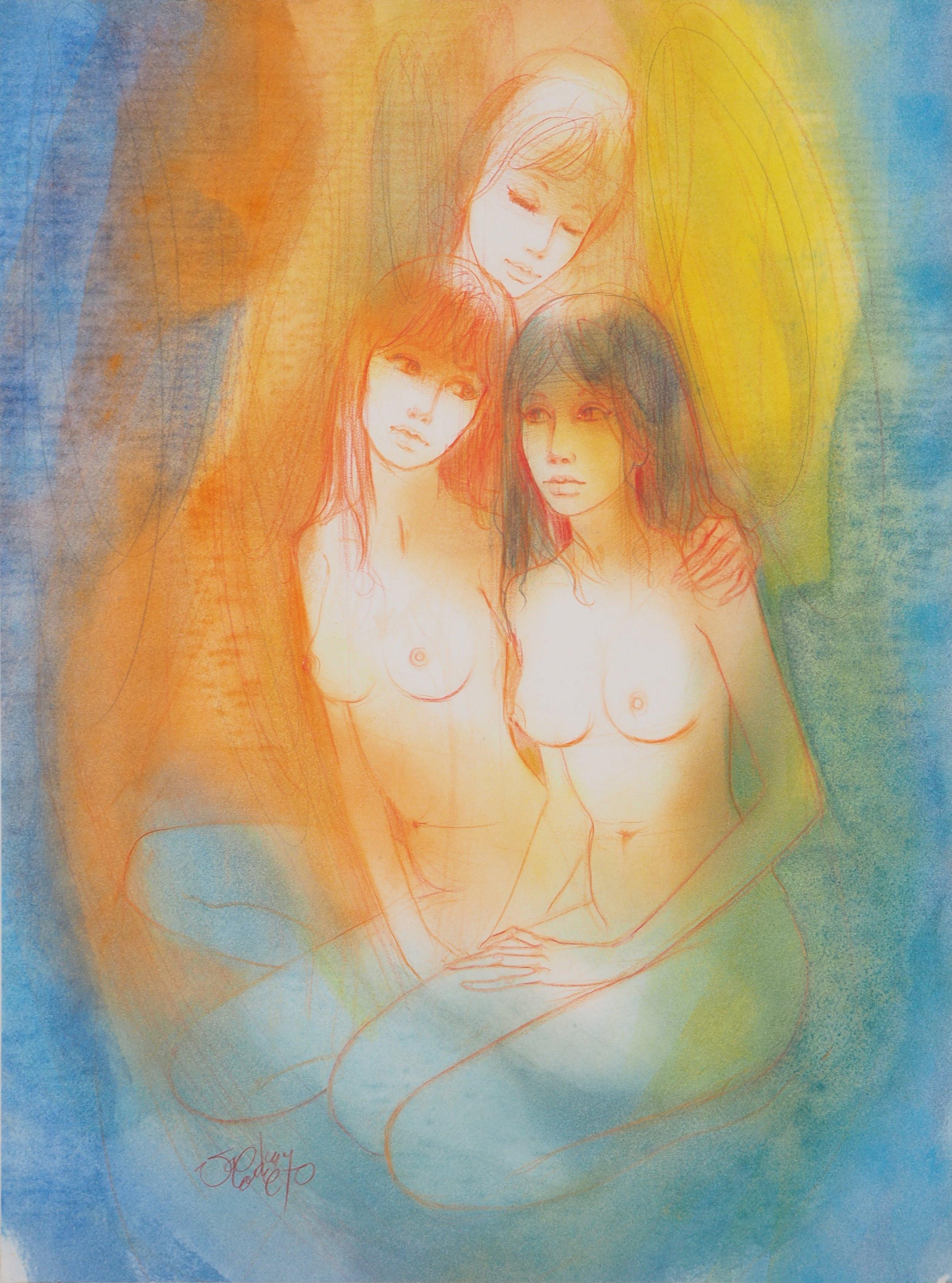 Trois femmes charpentées - dessin original au fusain, signé à la main