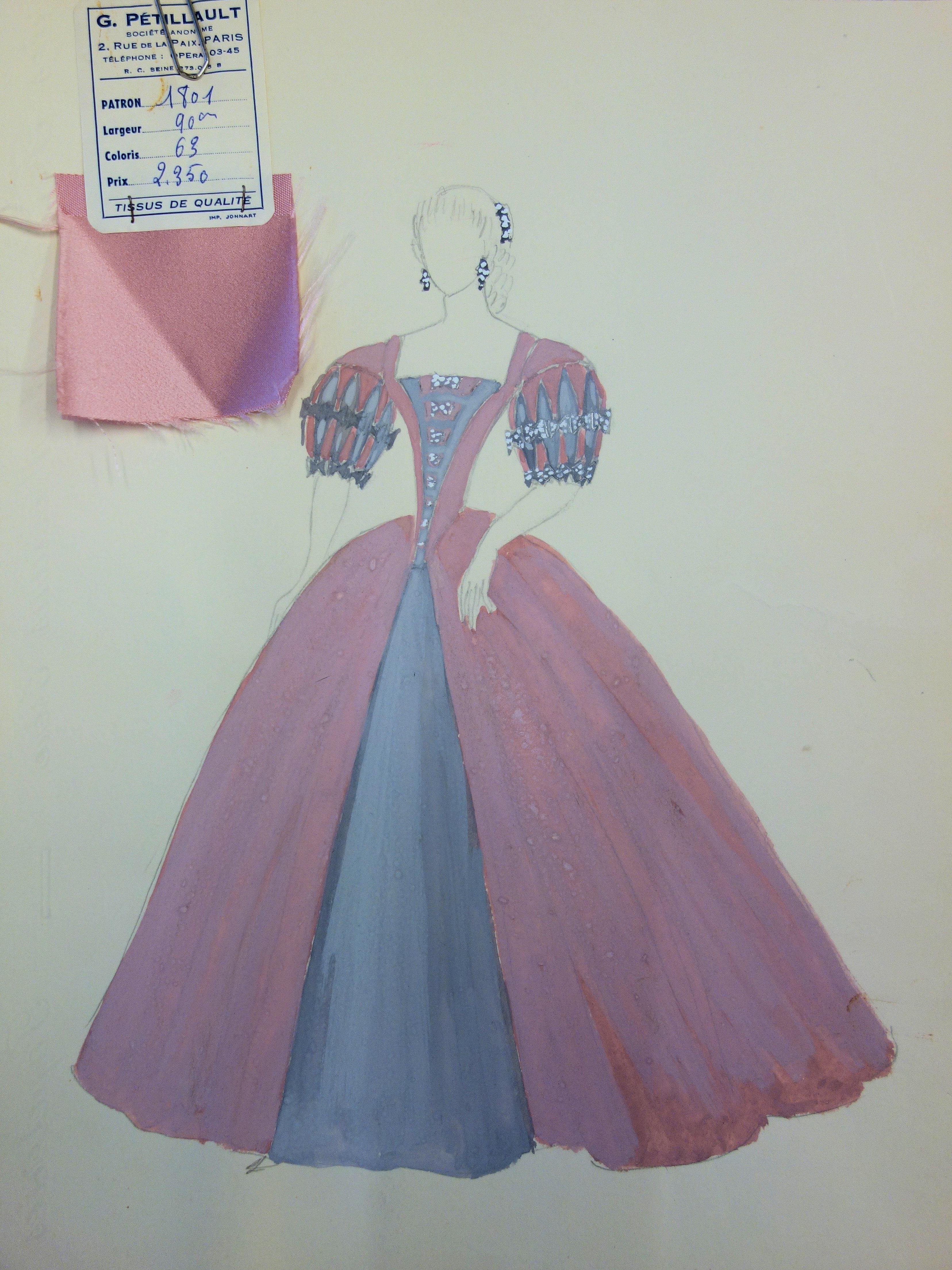 Suzanne Lalique Figurative Art - Ballroom costume - Original pencil and watercolor drawing 