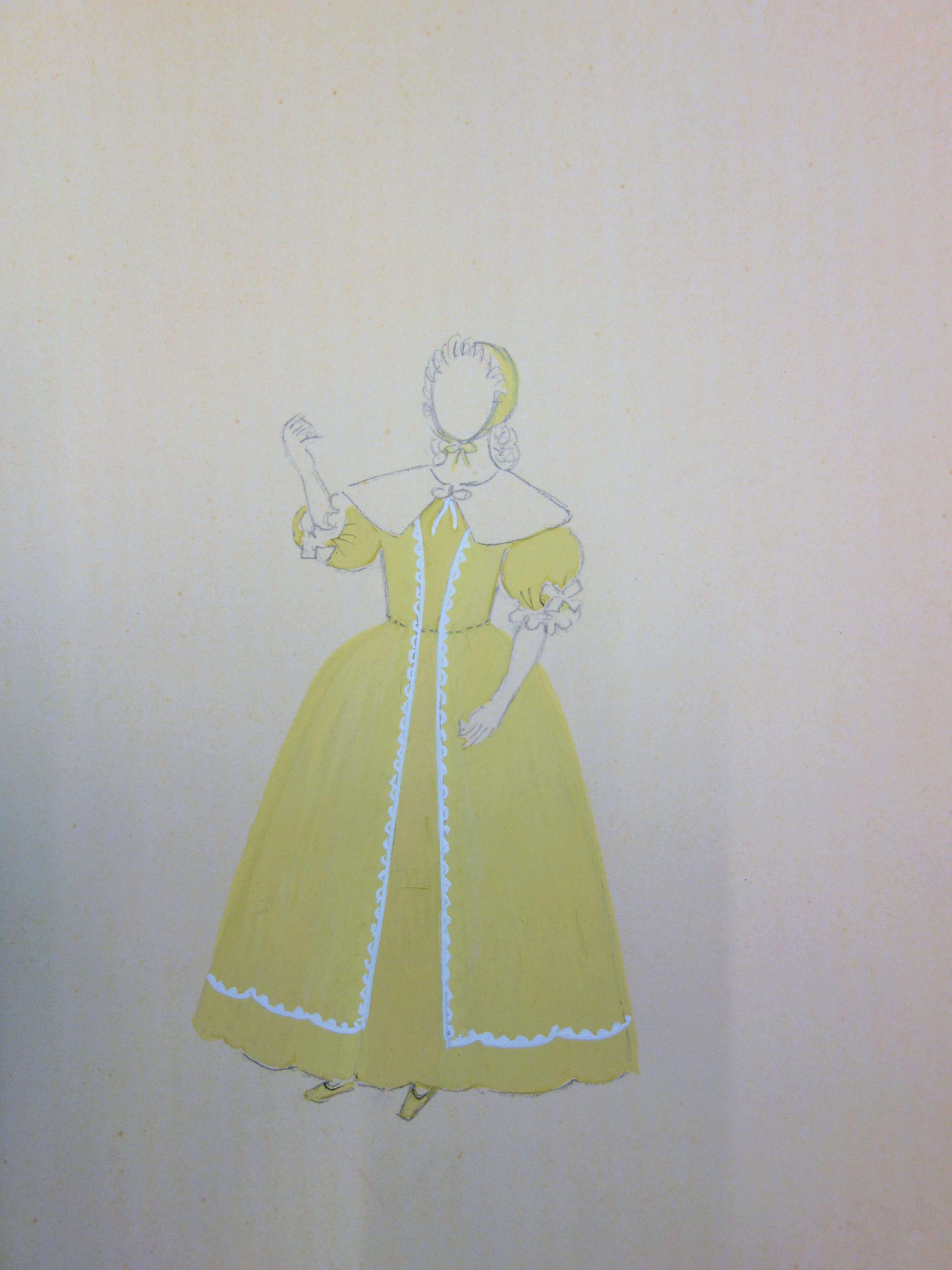 Traditionelles gelbes Kleid - Original-Aquarell (Grau), Figurative Art, von Suzanne Lalique