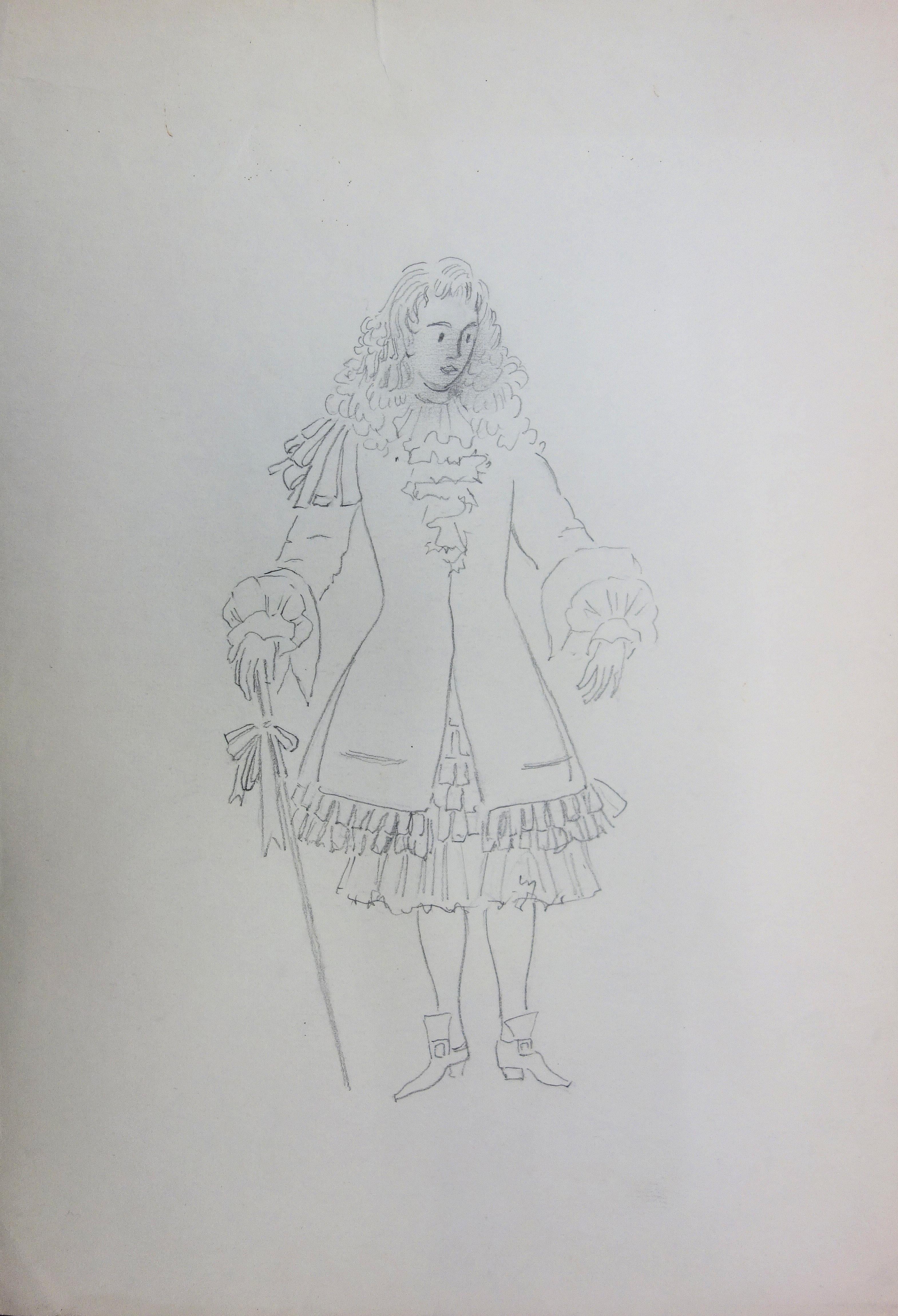 Suzanne Lalique Figurative Art - King's Courtier Costume, Original Pencil Drawing