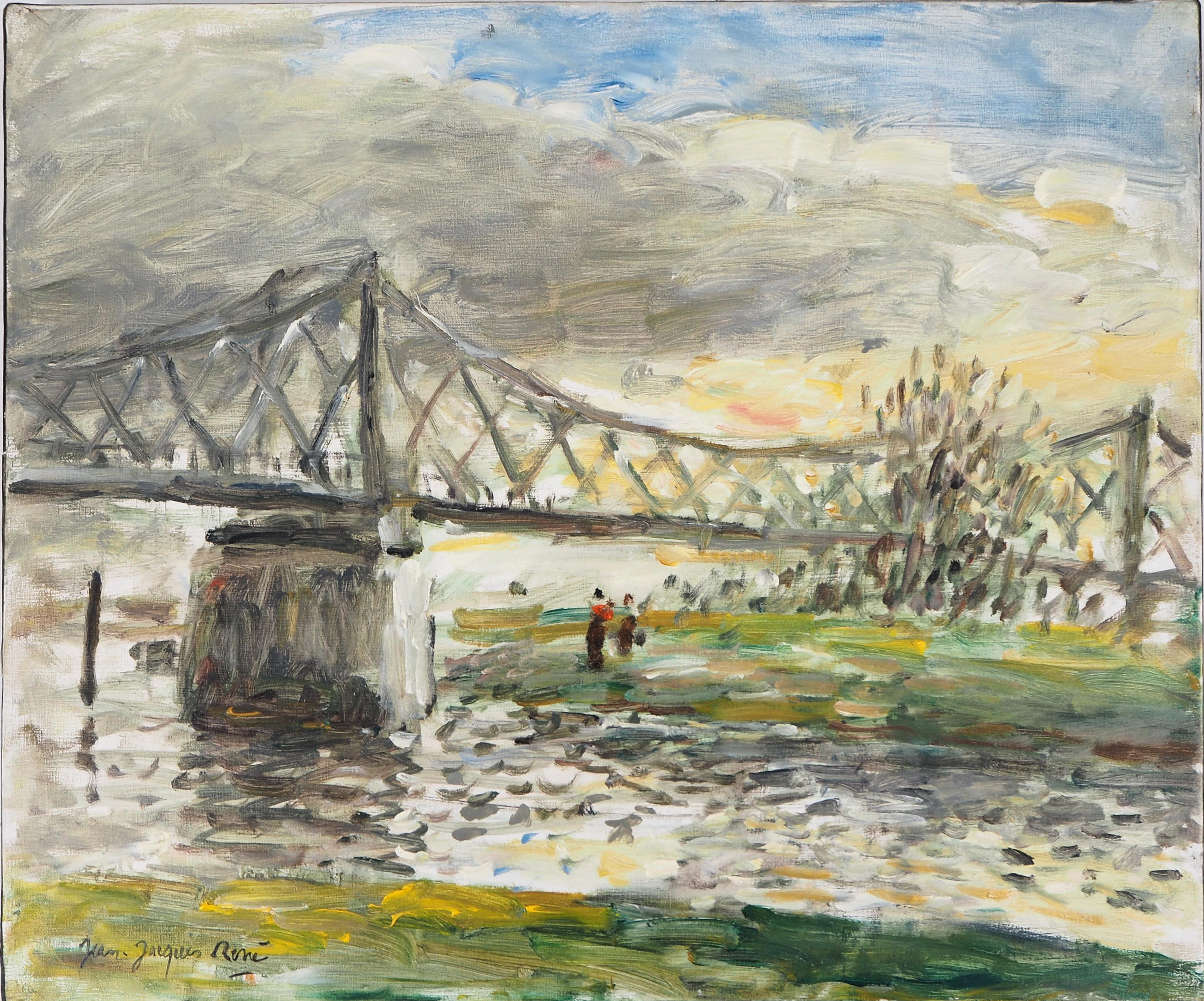 Landscape Painting Jean Jacques Rene - Normandie : Rouen, coucher de soleil près du pont anglais - Huile sur toile, signée Hansigned