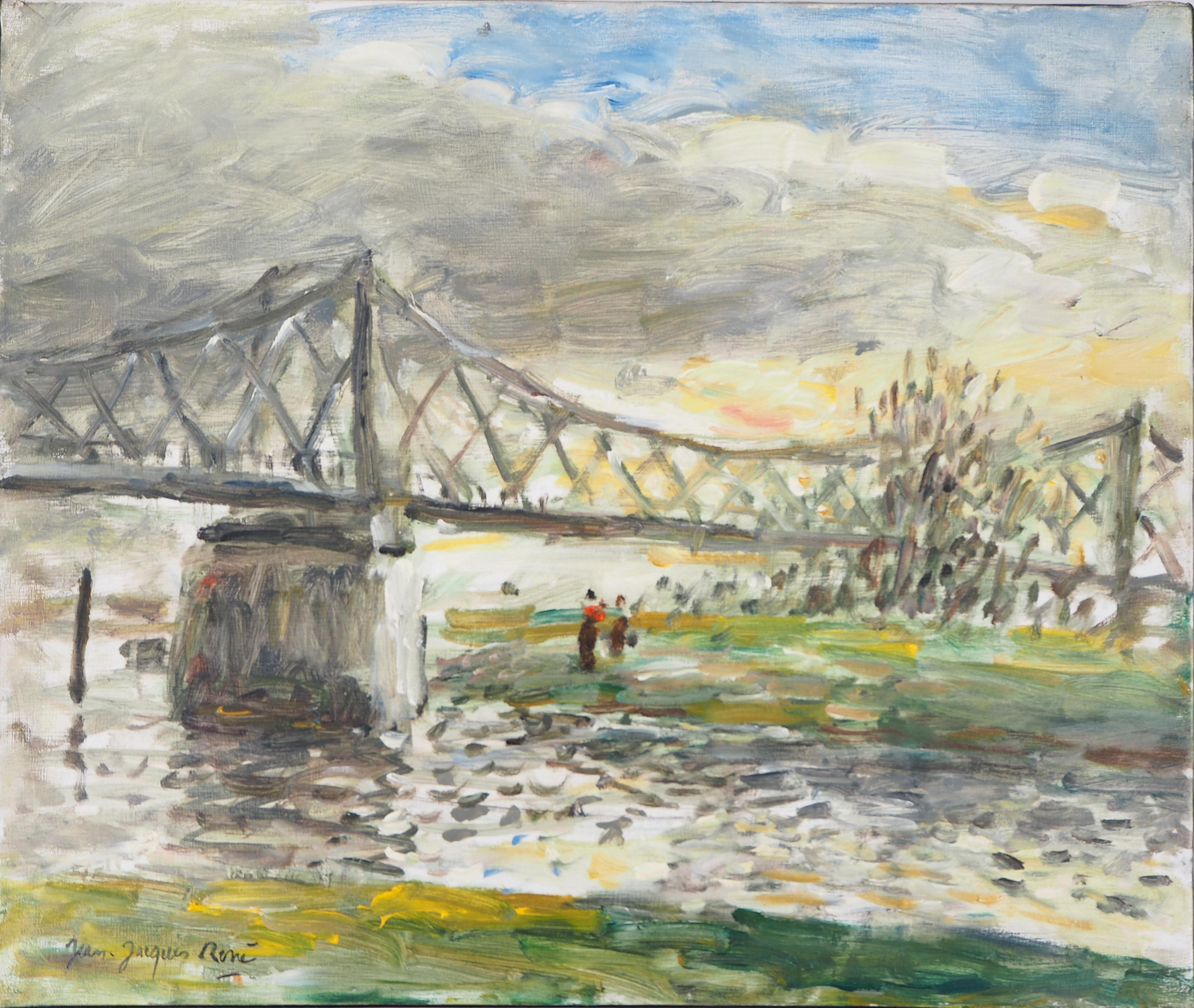 Normandie : Rouen, coucher de soleil près du pont anglais - Huile sur toile, signée Hansigned - Moderne Painting par Jean Jacques Rene