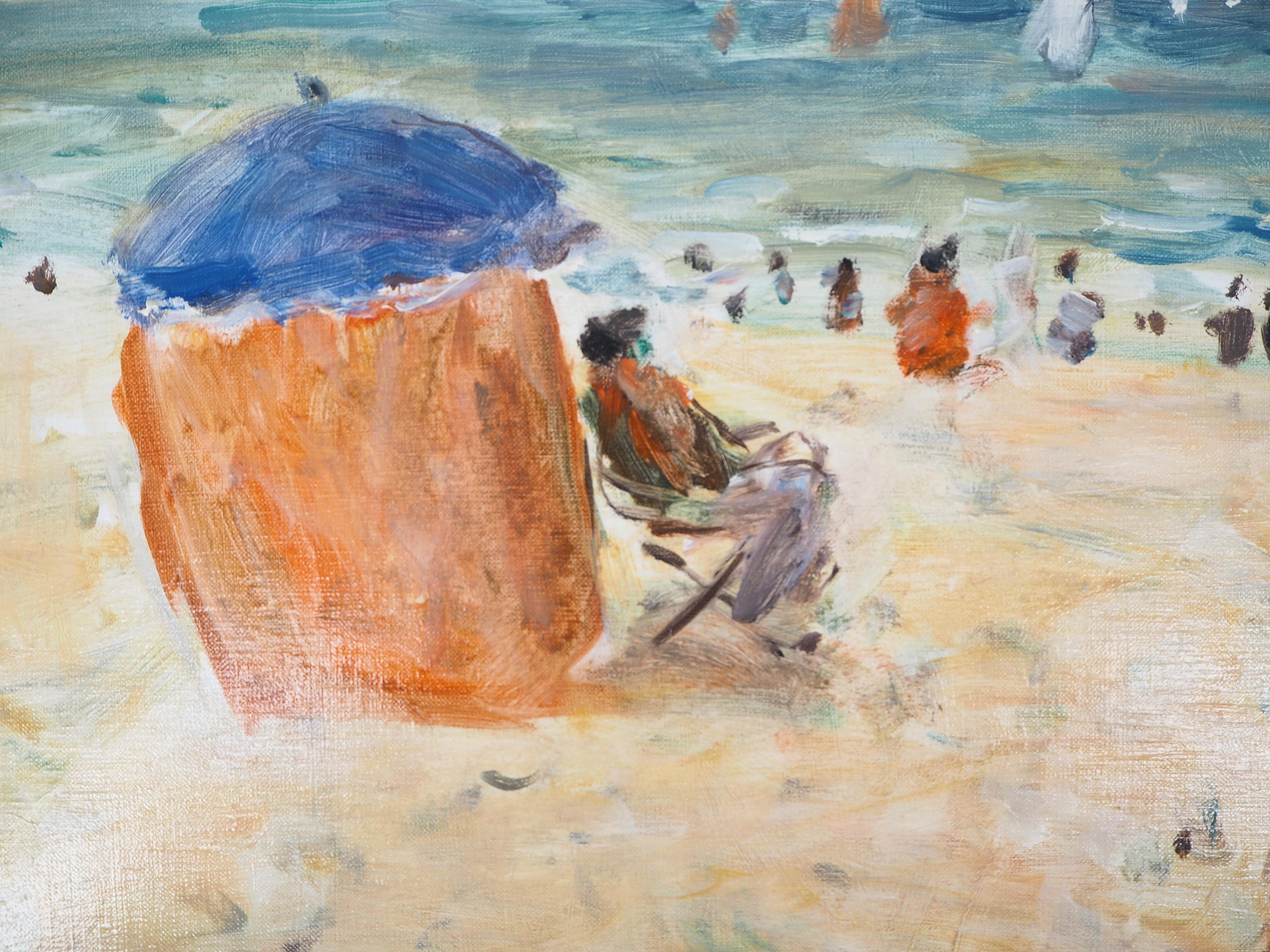 Normandy : The Colorful Tents on Houlgate Beach - Oil On Canvas, Hansigned - Modern Painting by Jean Jacques Rene
