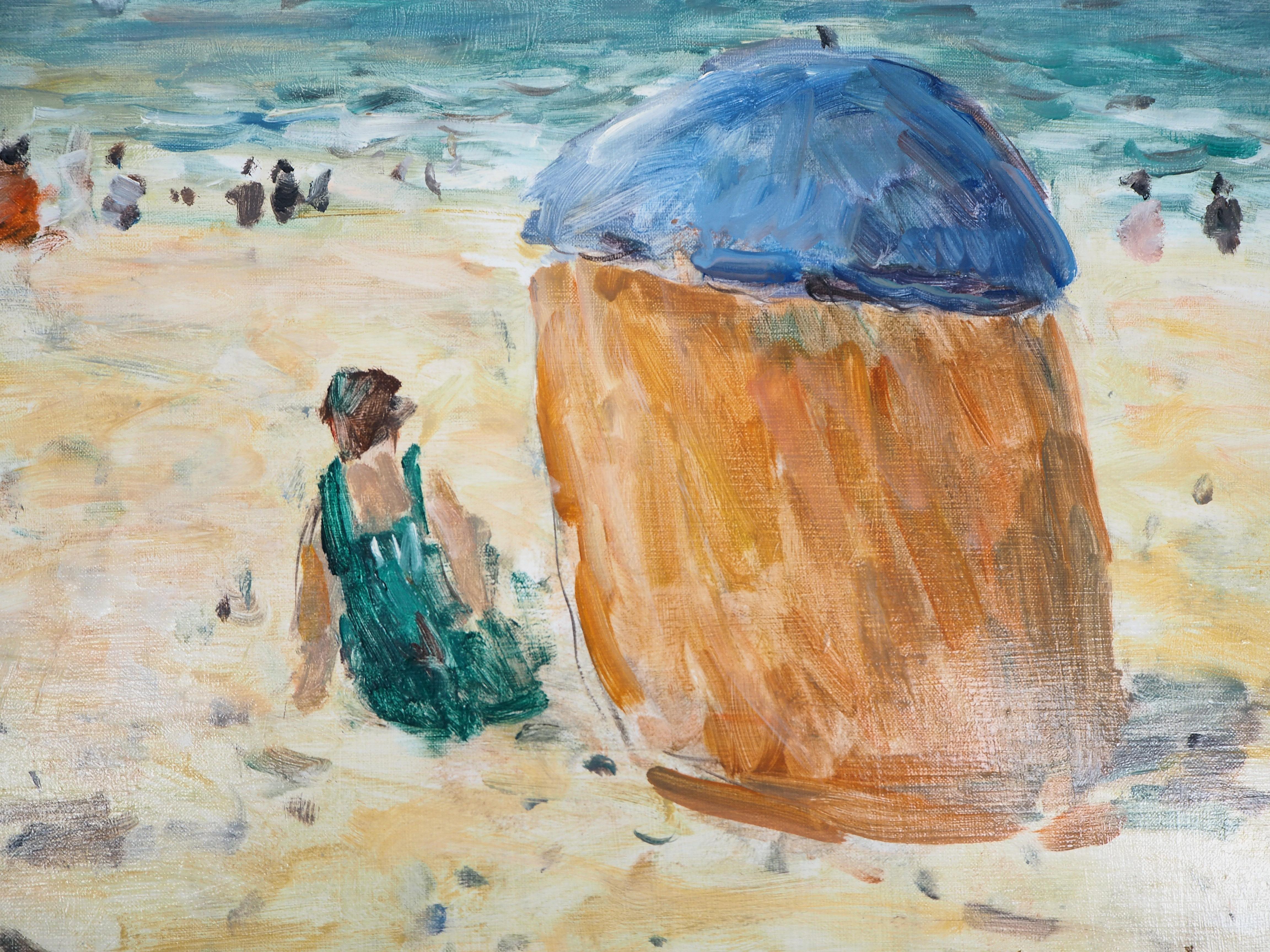 Normandy : The Colorful Tents on Houlgate Beach - Huile sur toile, signée en vente 2
