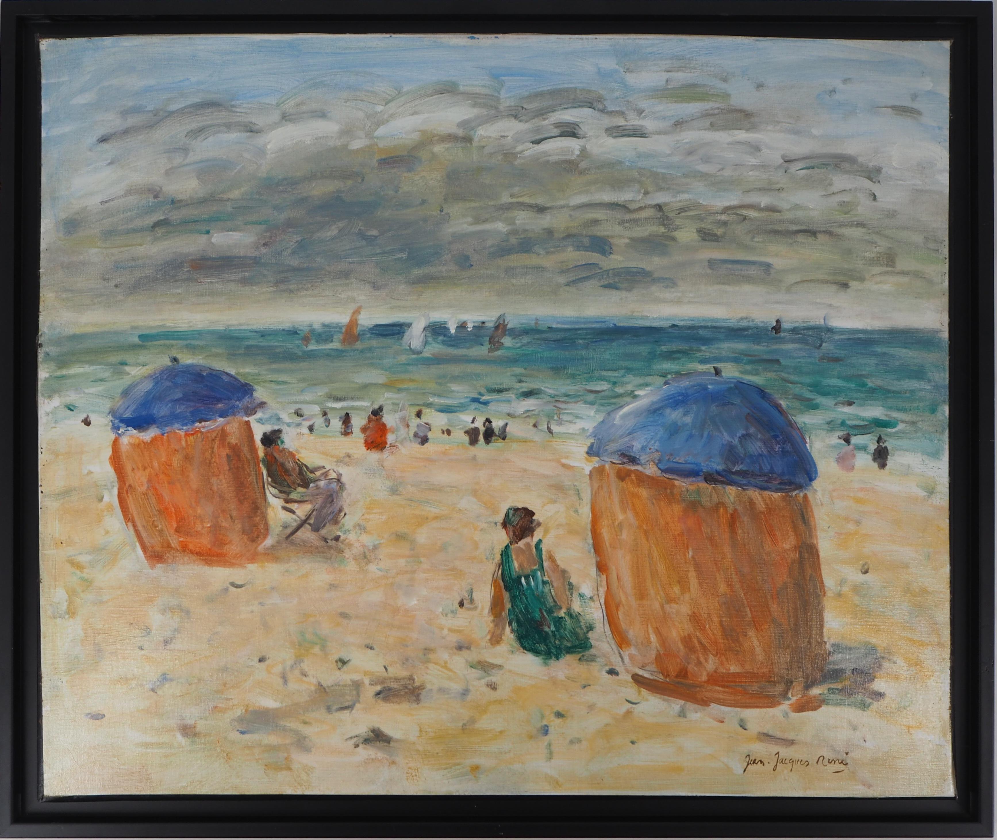 Landscape Painting Jean Jacques Rene - Normandy : The Colorful Tents on Houlgate Beach - Huile sur toile, signée
