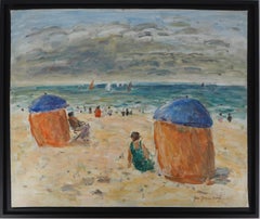 Normandy : The Colorful Tents on Houlgate Beach - Huile sur toile, signée
