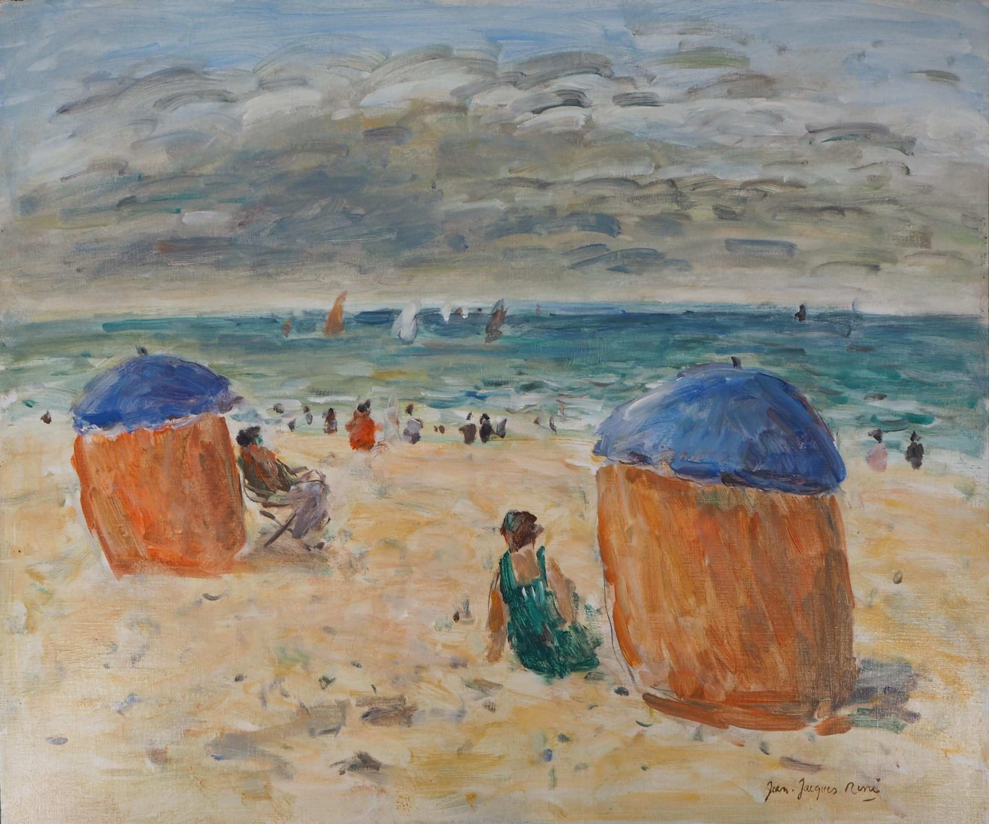 Normandy : The Colorful Tents on Houlgate Beach - Huile sur toile, signée - Moderne Painting par Jean Jacques Rene