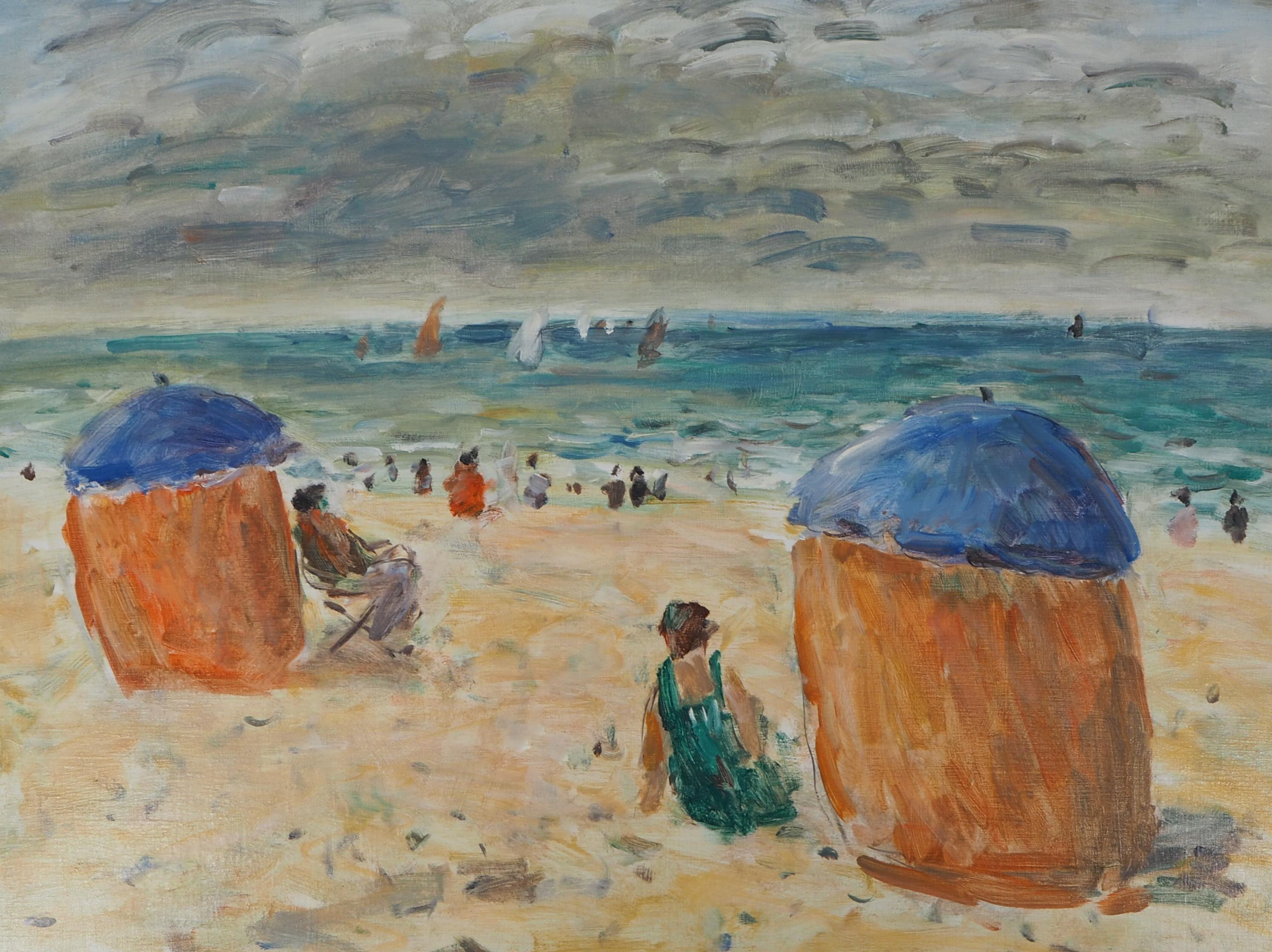 Normandy : The Colorful Tents on Houlgate Beach - Huile sur toile, signée - Gris Landscape Painting par Jean Jacques Rene