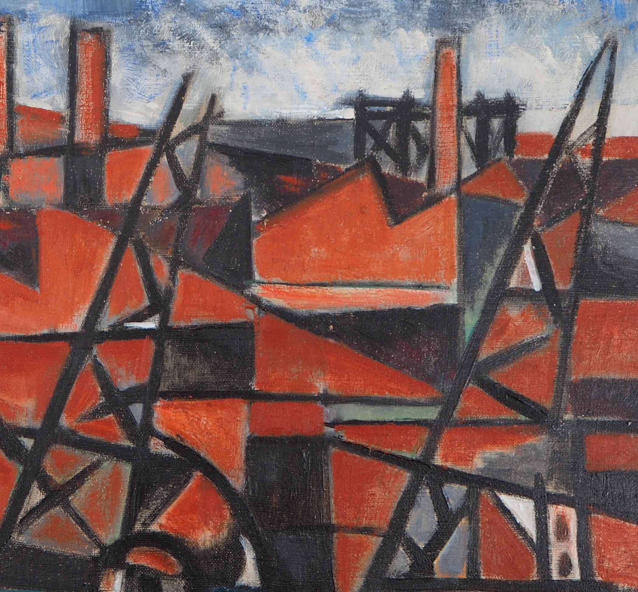 Harbor and Red Buildings - Original Oil on canvas, Signed - Modern Painting by Lino MELANO