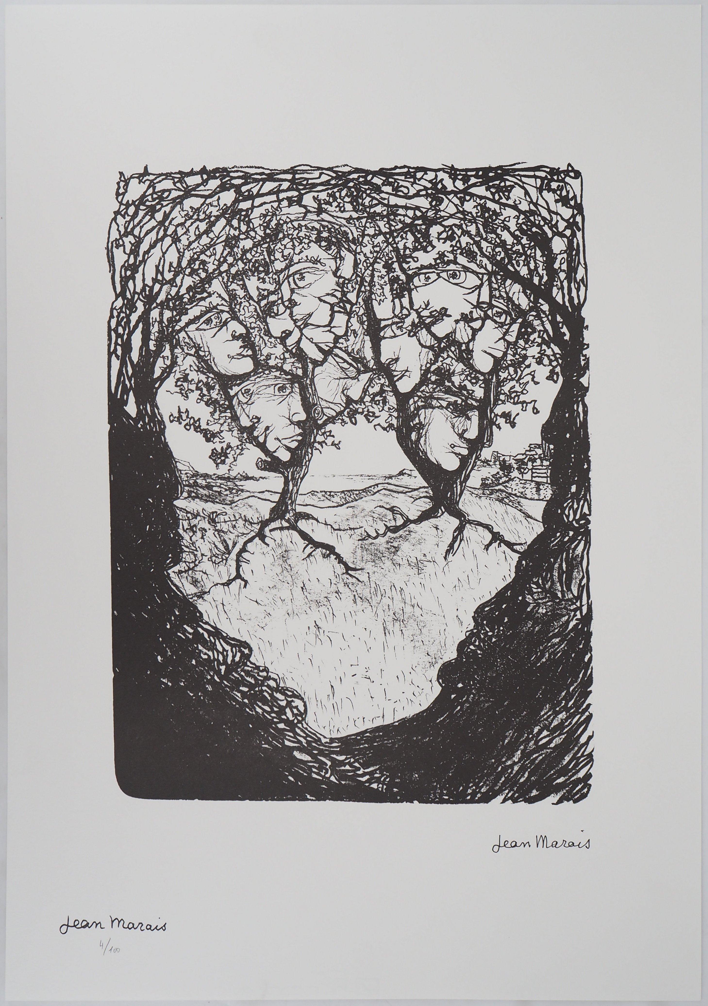 Surrealist Landscape : Faces of the Forrest - Lithograph, Numbered /100 - Gray Landscape Print by Jean Marais