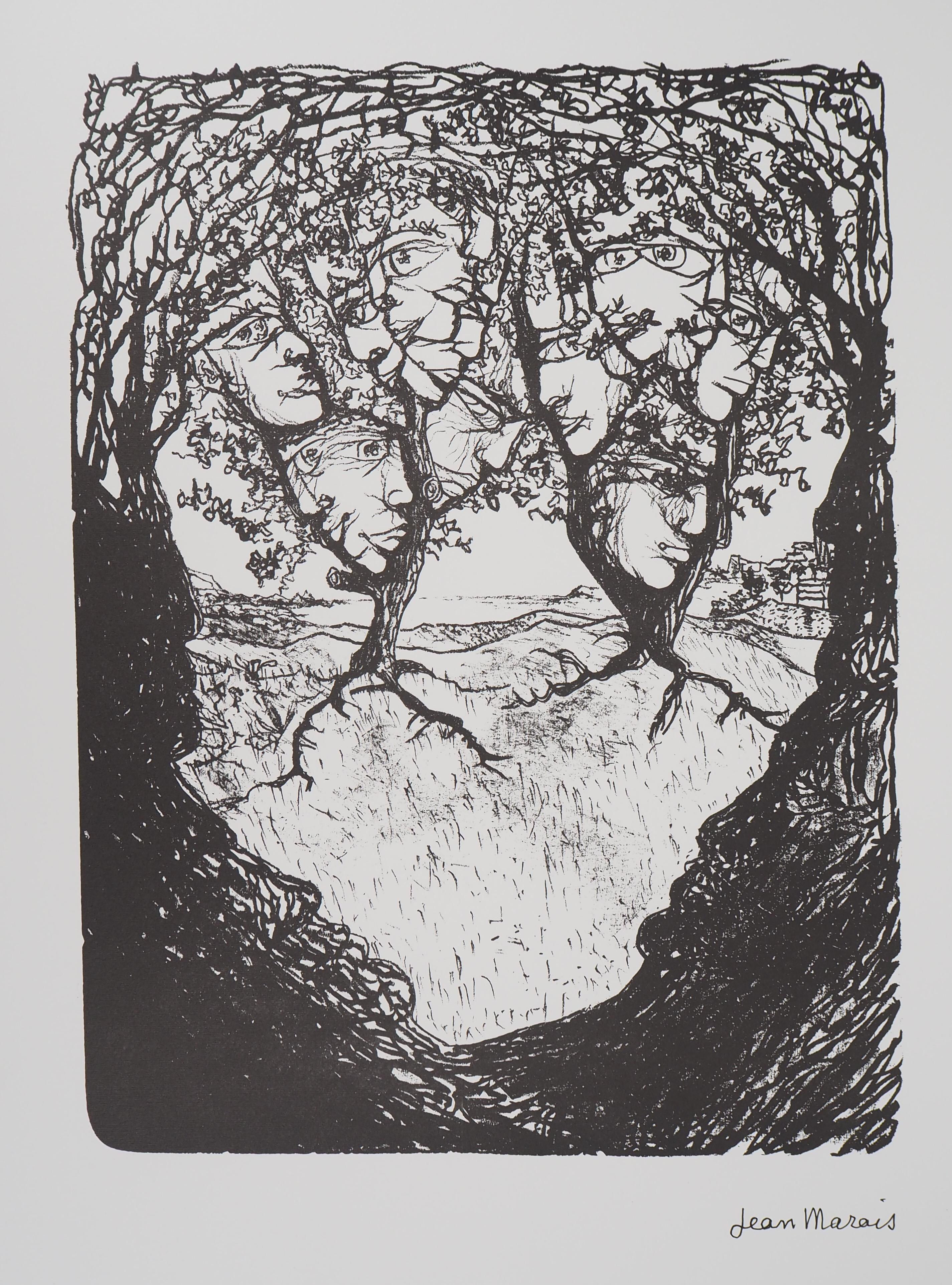 Jean Marais Landscape Print - Surrealist Landscape : Faces of the Forrest - Lithograph, Numbered /100